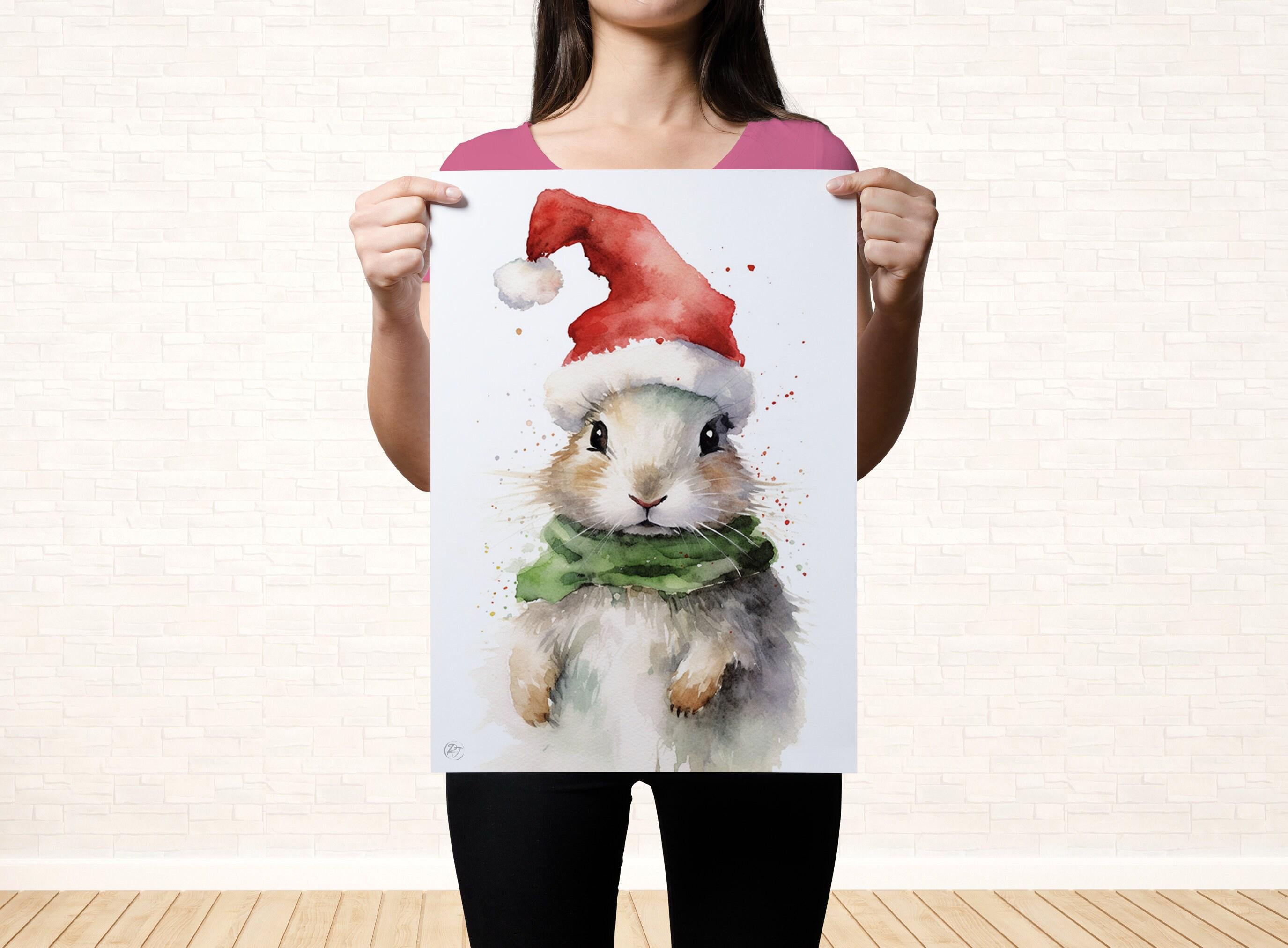 Festive Bunny in Santa Hat Watercolor Art Print, Giclee Print on Canvas, Artist Paper, Watercolor Paper, Available in Extra Large Sizes