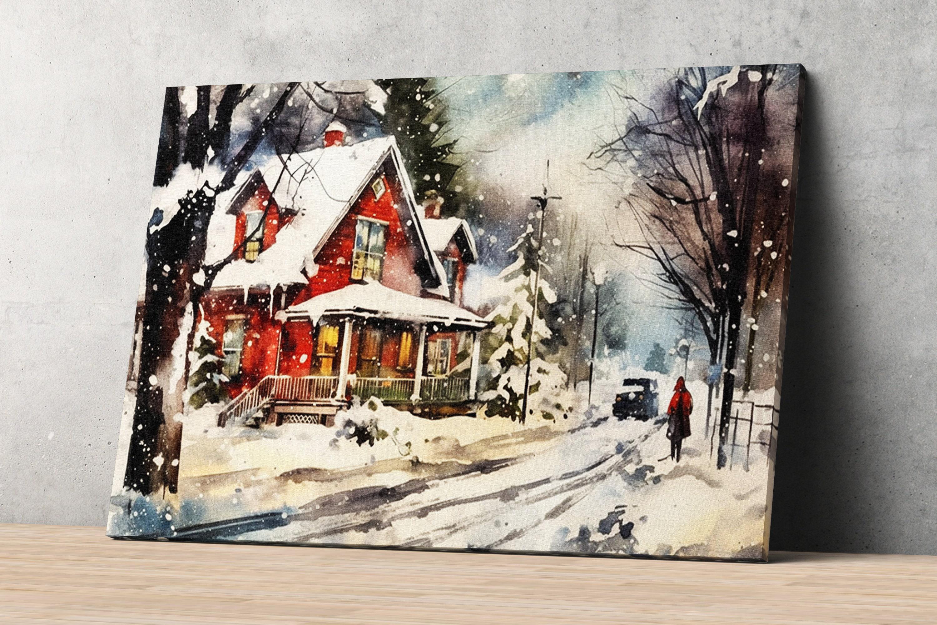Snowy Christmas Landscape Watercolor - Seasonal Home Decor, Print on Canvas, Artist Paper, Watercolor Paper, Available in Extra Large Sizes