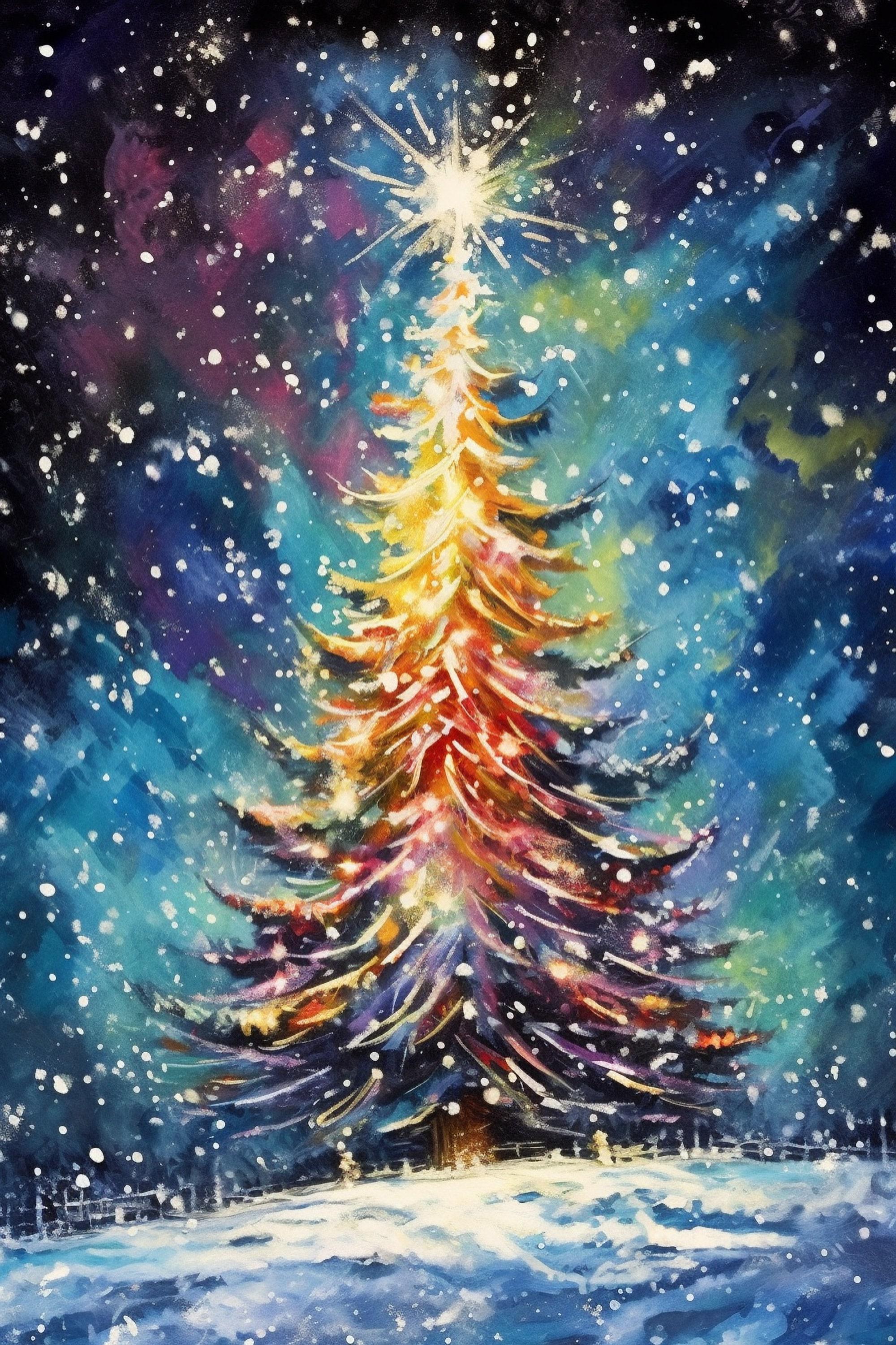 Magical Christmas Tree Watercolor - Holiday Wall Art, Giclee Print on Canvas, Artist Paper, Watercolor Paper, Available in Extra Large Sizes