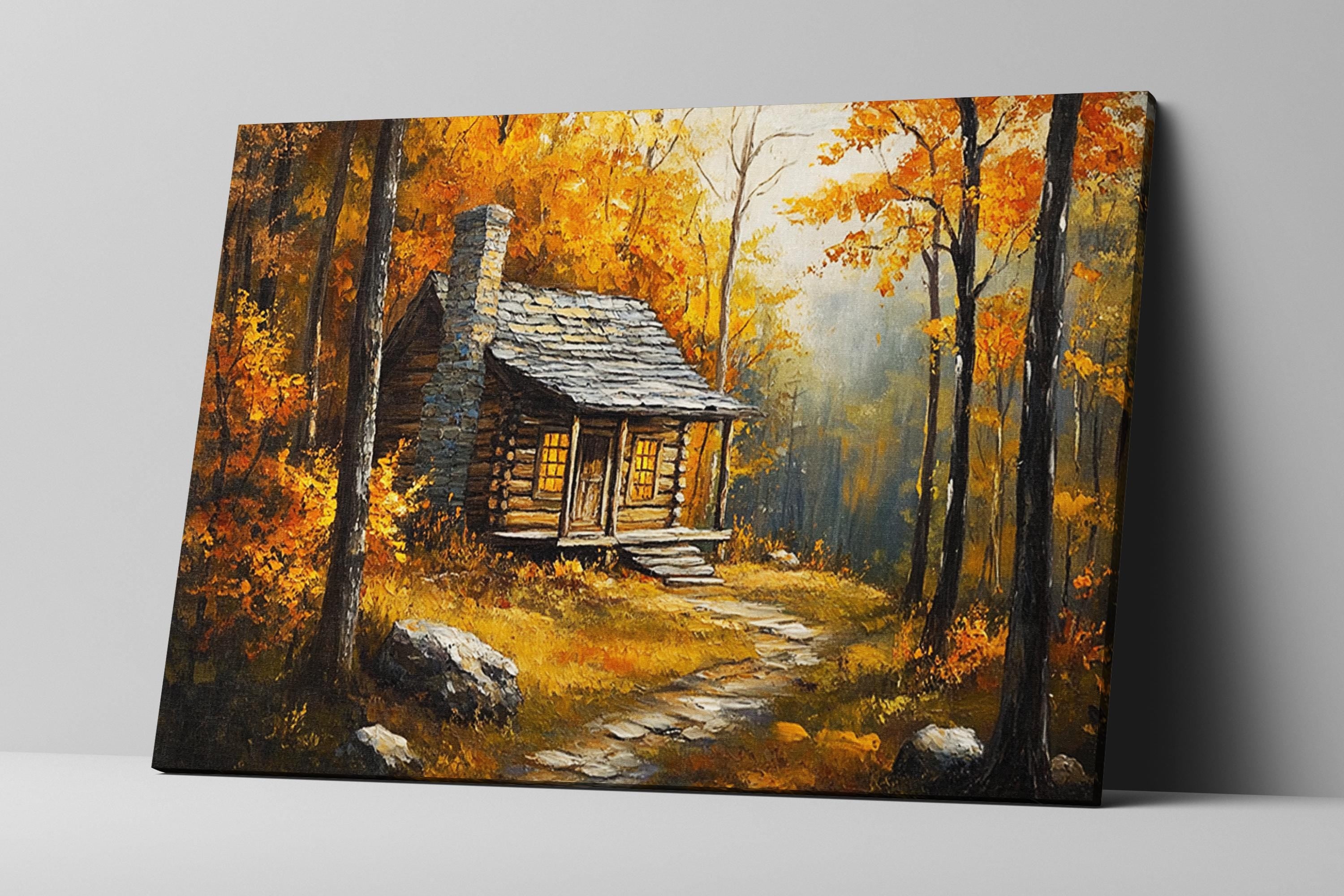 a rustic log cabin nestled in a vibrant autumn forest, with a winding path leading up to the cabin and trees displaying a mix of orange and yellow foliage.