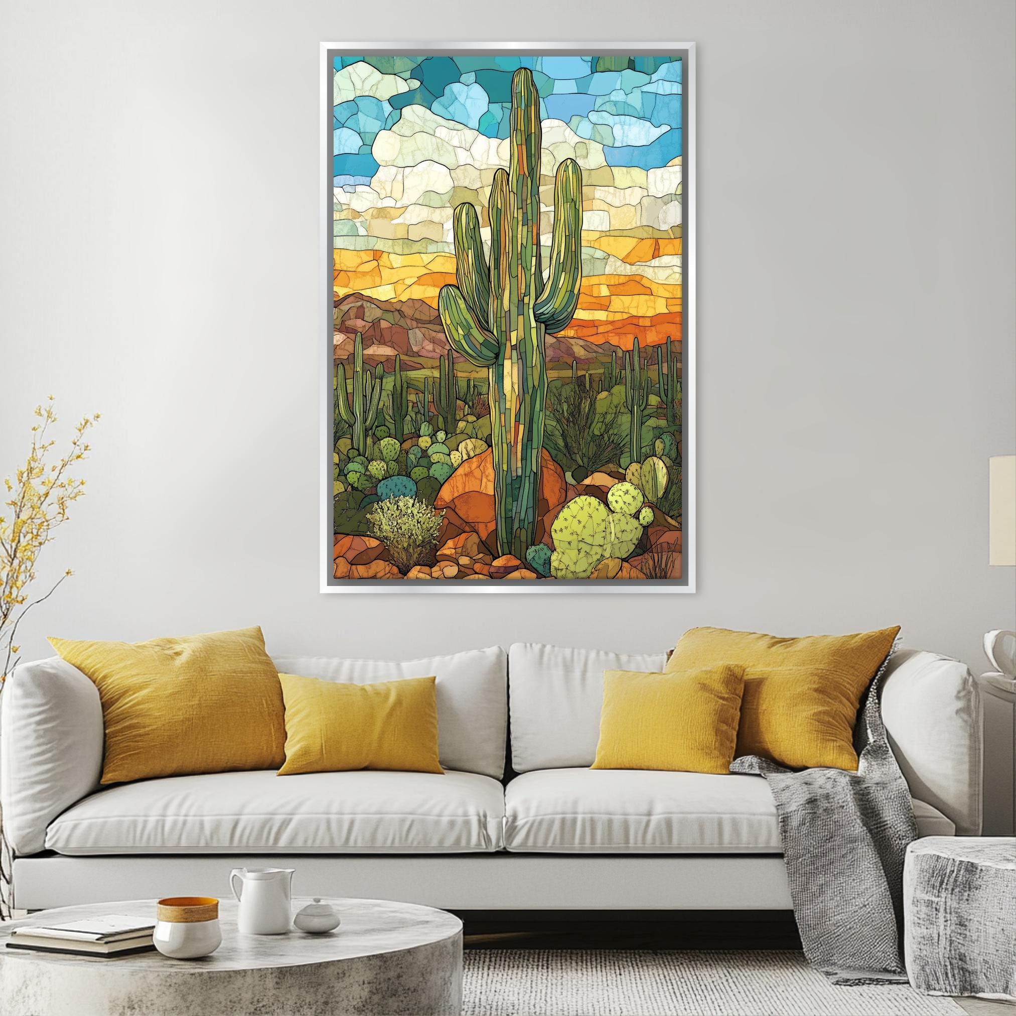 a living room with a couch and a painting on the wall
