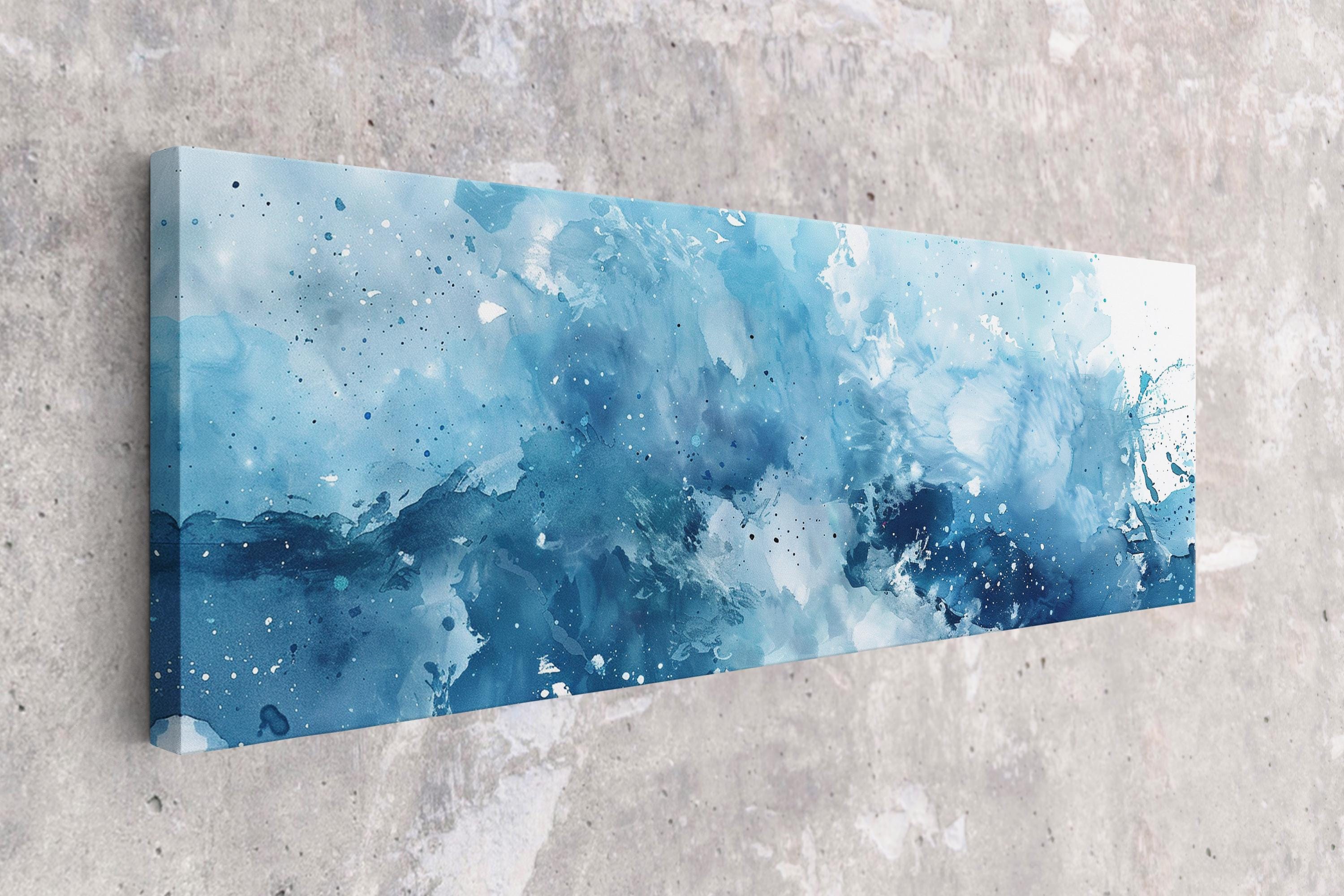 a painting on a wall of blue and white paint