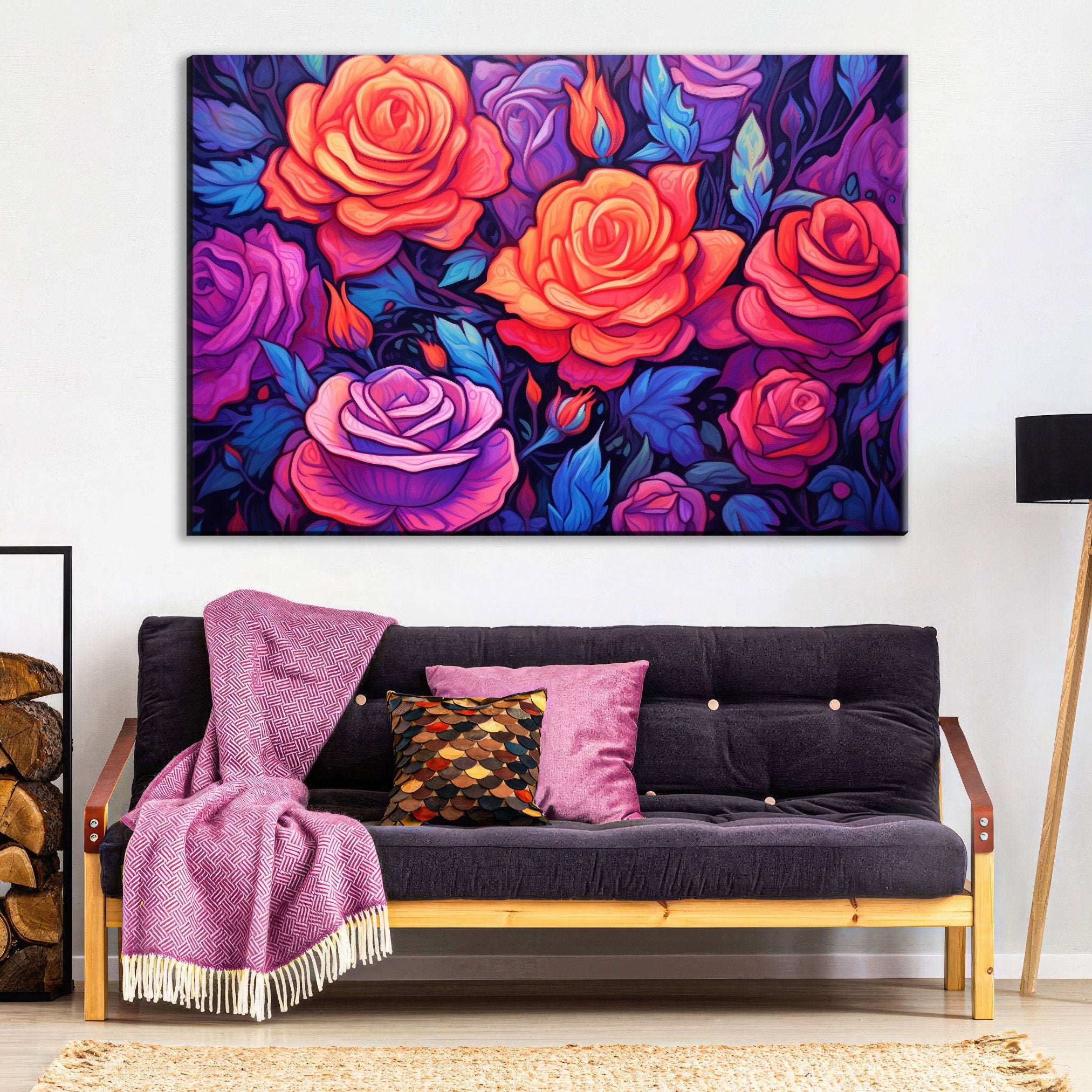 Canvas Wall Art – Neon Roses Floral Wall Decor on Large Gallery Ready Canvas Print