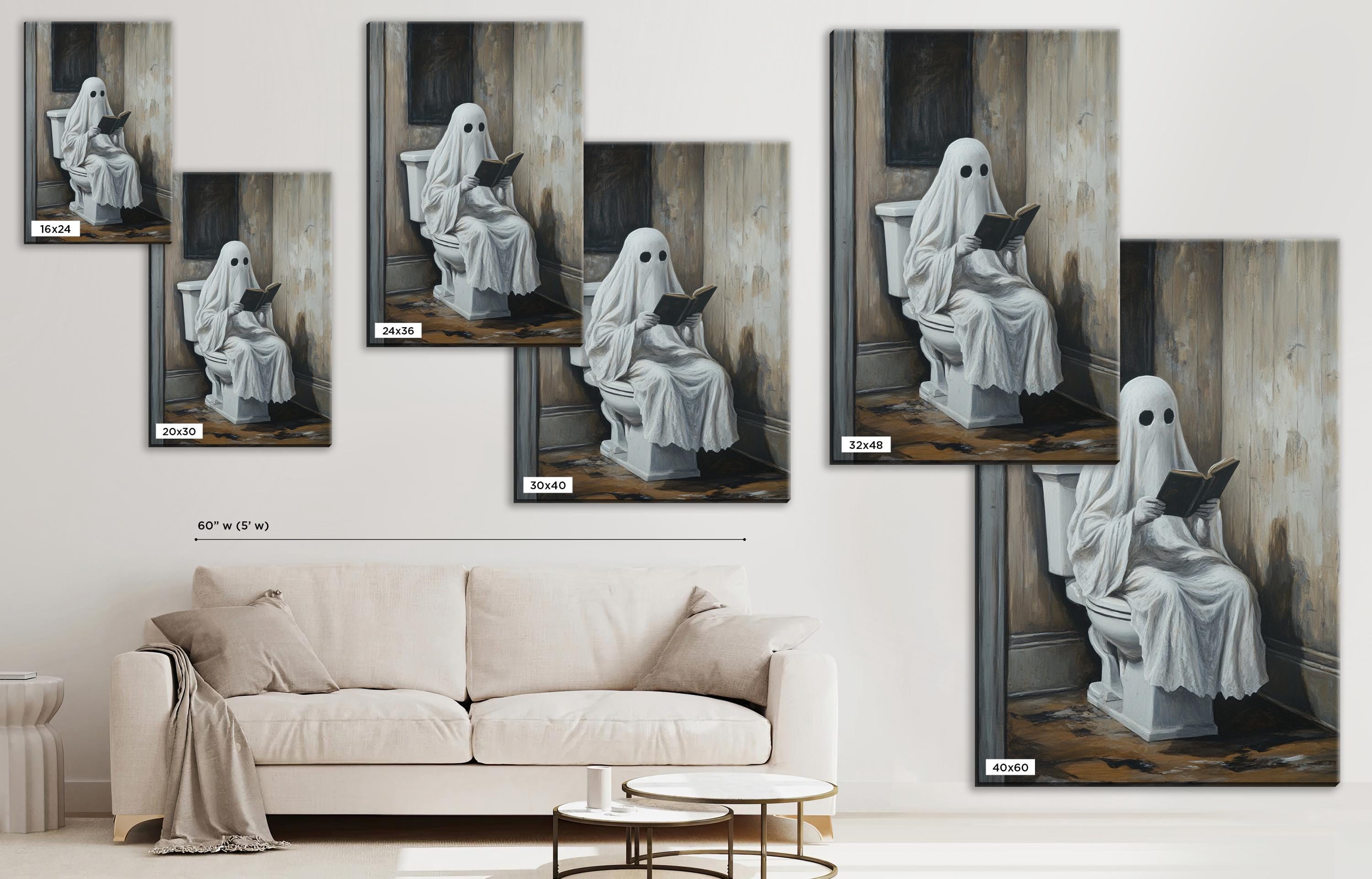Funny Bathroom Art - Ghost Reading Toilet | Extra Large Wall Art, Gallery Wrapped Print