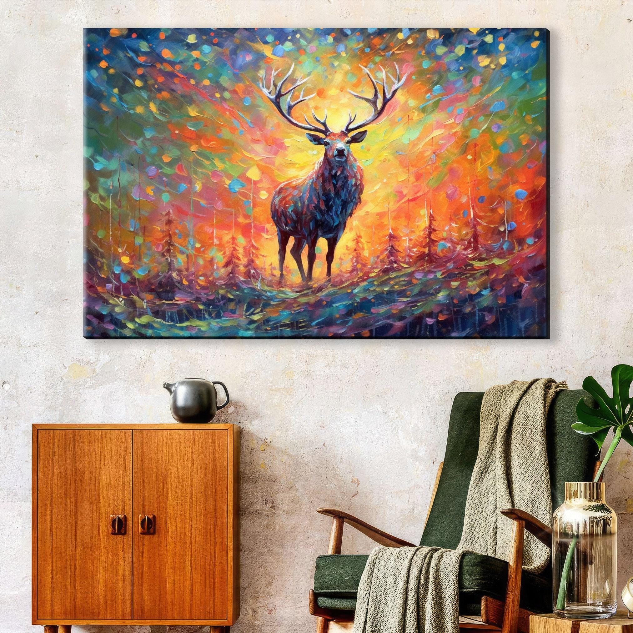 Colorful Reindeer Painting - Large Christmas Canvas Art | Rustic Holiday Wall Decor