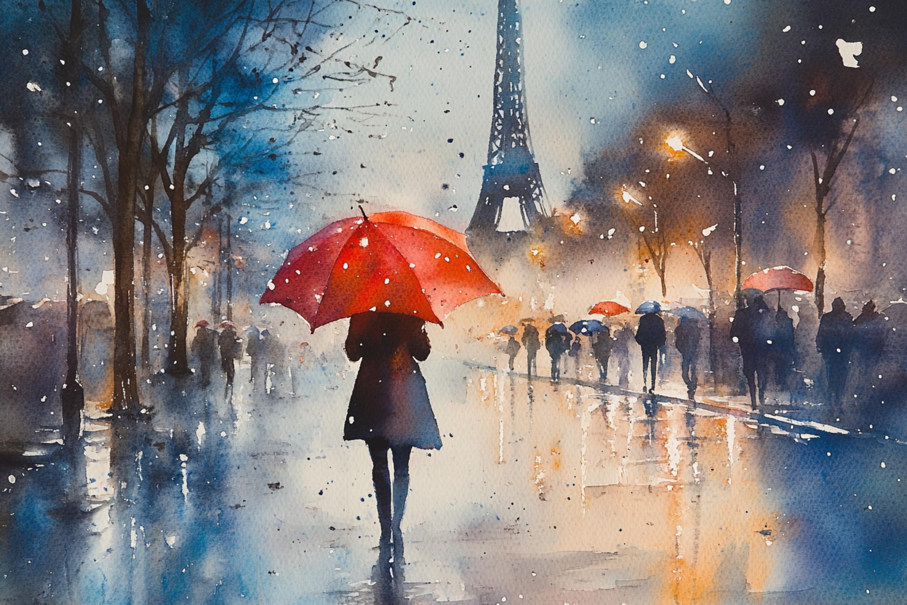A woman walks down a rainy street, holding a red umbrella, with the Eiffel Tower visible in the background.