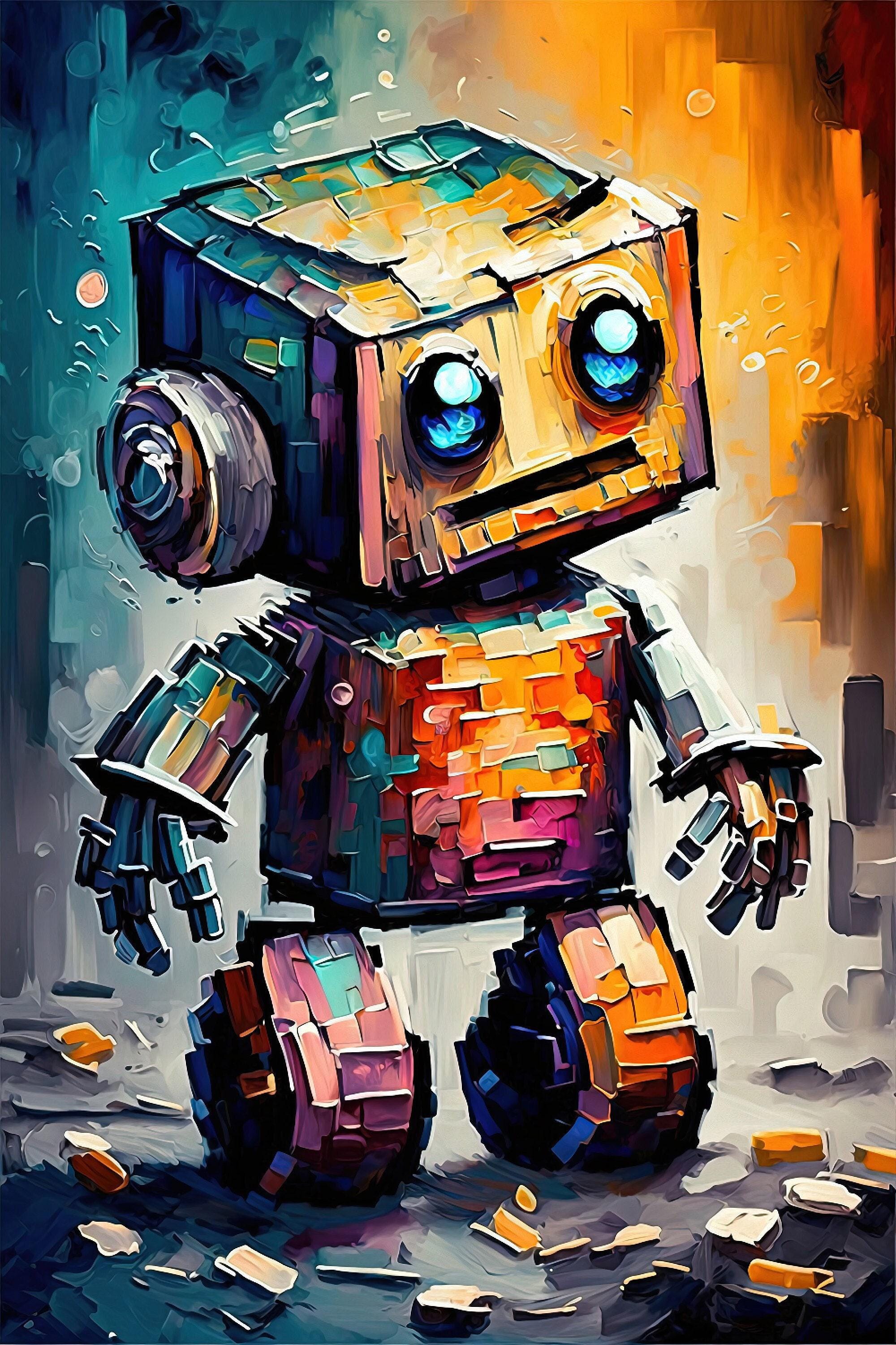 Baby Robot Art - Colorful Kids Robot Painting | Whimsical Nursery Decor Print