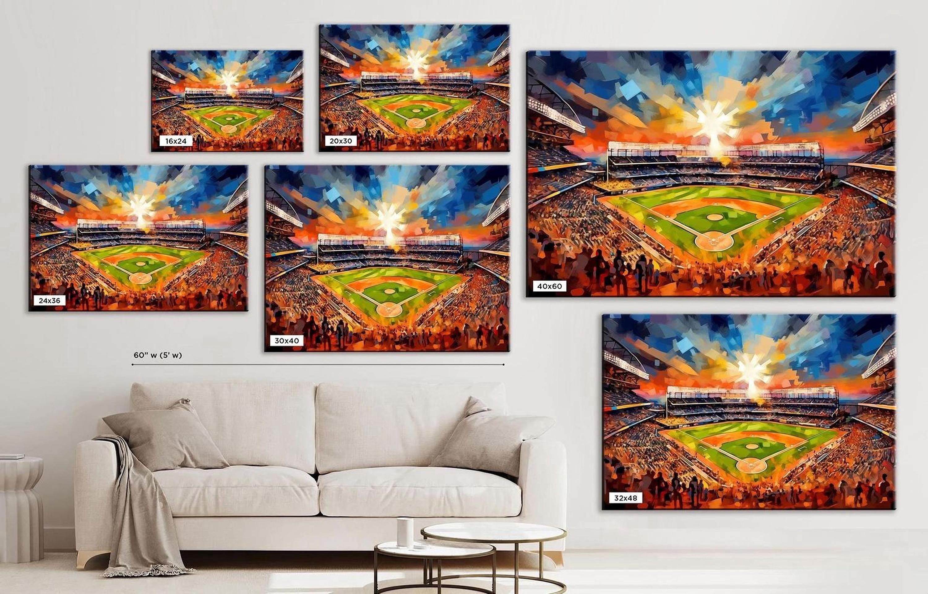 The image is a collage of six paintings depicting a baseball stadium with a crowd of spectators, set against a colorful, abstract sky.