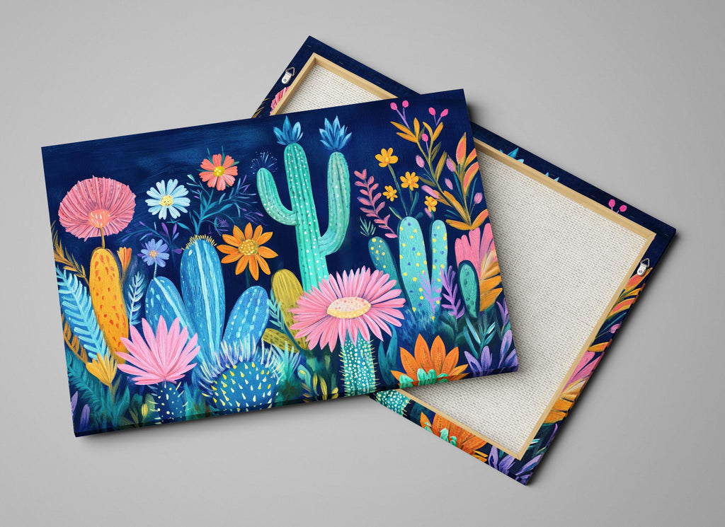 Boho Cacti Canvas Print | Bright Colorful Wall Decor - Framed Mexican Folk Art, Ready to Hang