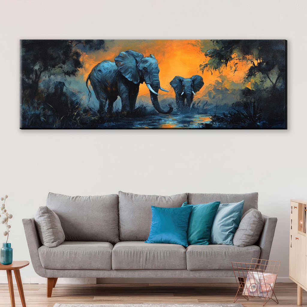 a painting of two elephants in a room