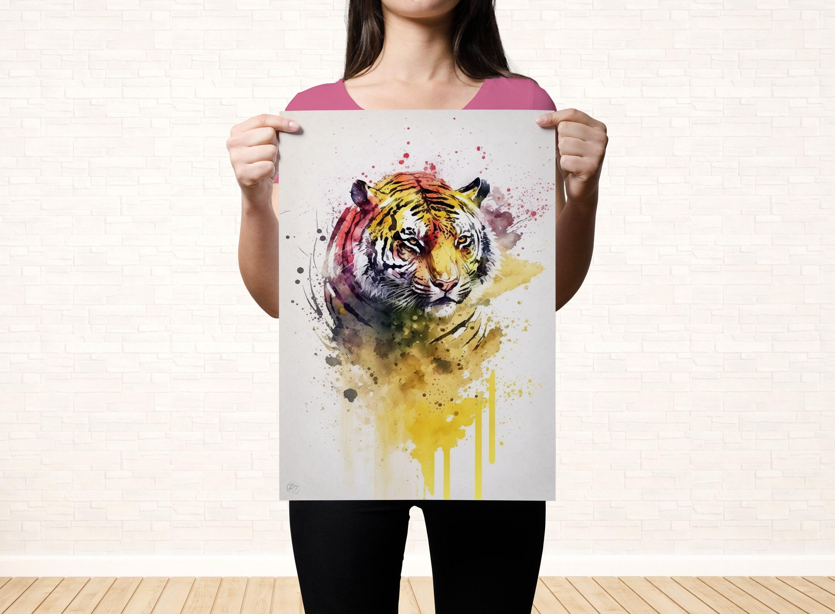Vibrant Wild Spirit: Tiger Watercolor Wall Art, Giclee Print on Canvas, Artist Paper, Watercolor Paper, Available in Extra Large Sizes