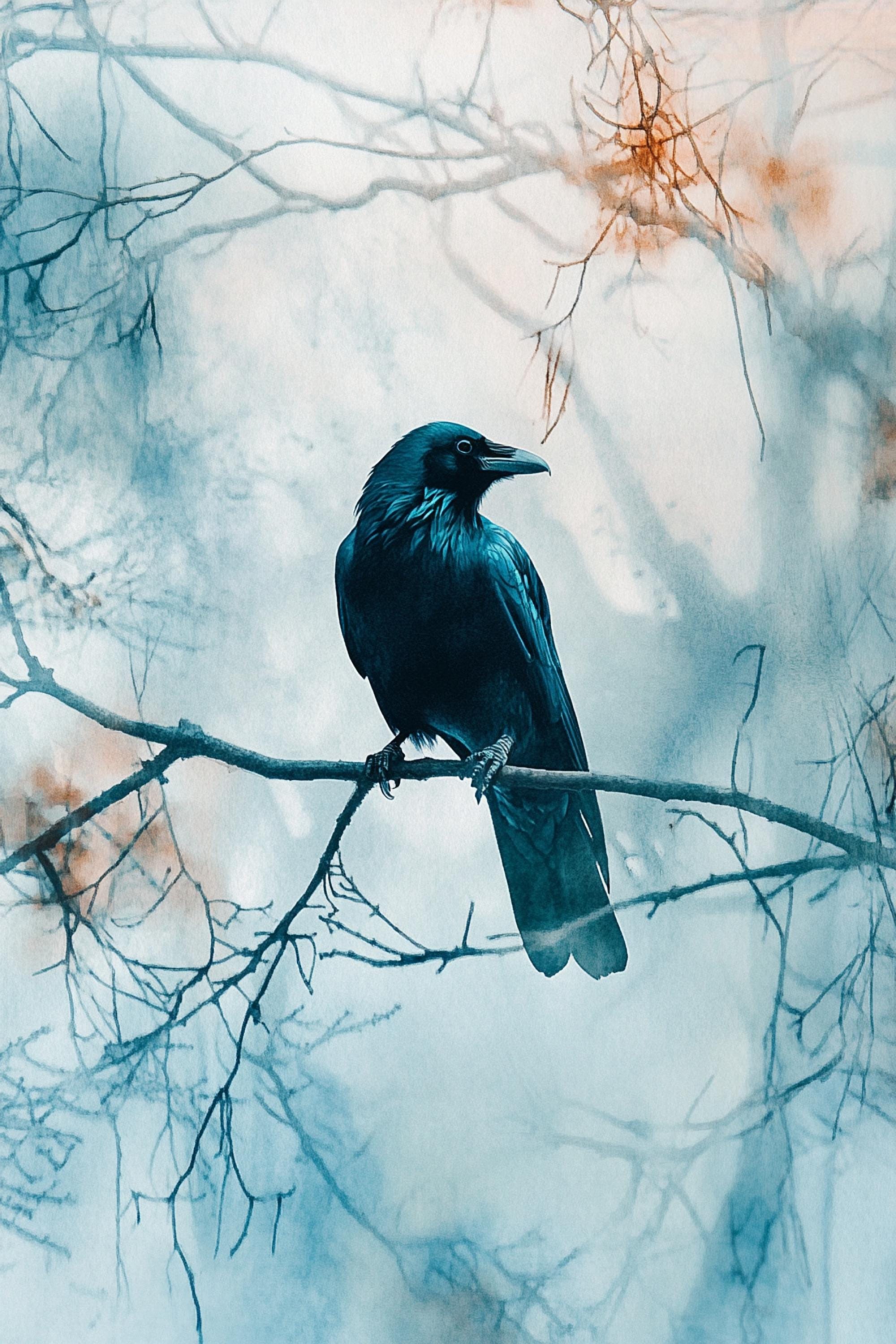 A black bird perches on a branch, its dark silhouette contrasting against the lighter background.