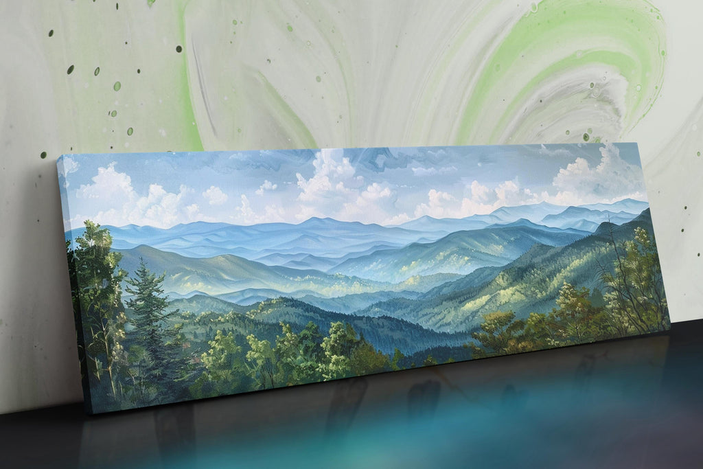 The image is a painting depicting a scenic mountain landscape with rolling hills, forests, and a blue sky with clouds.