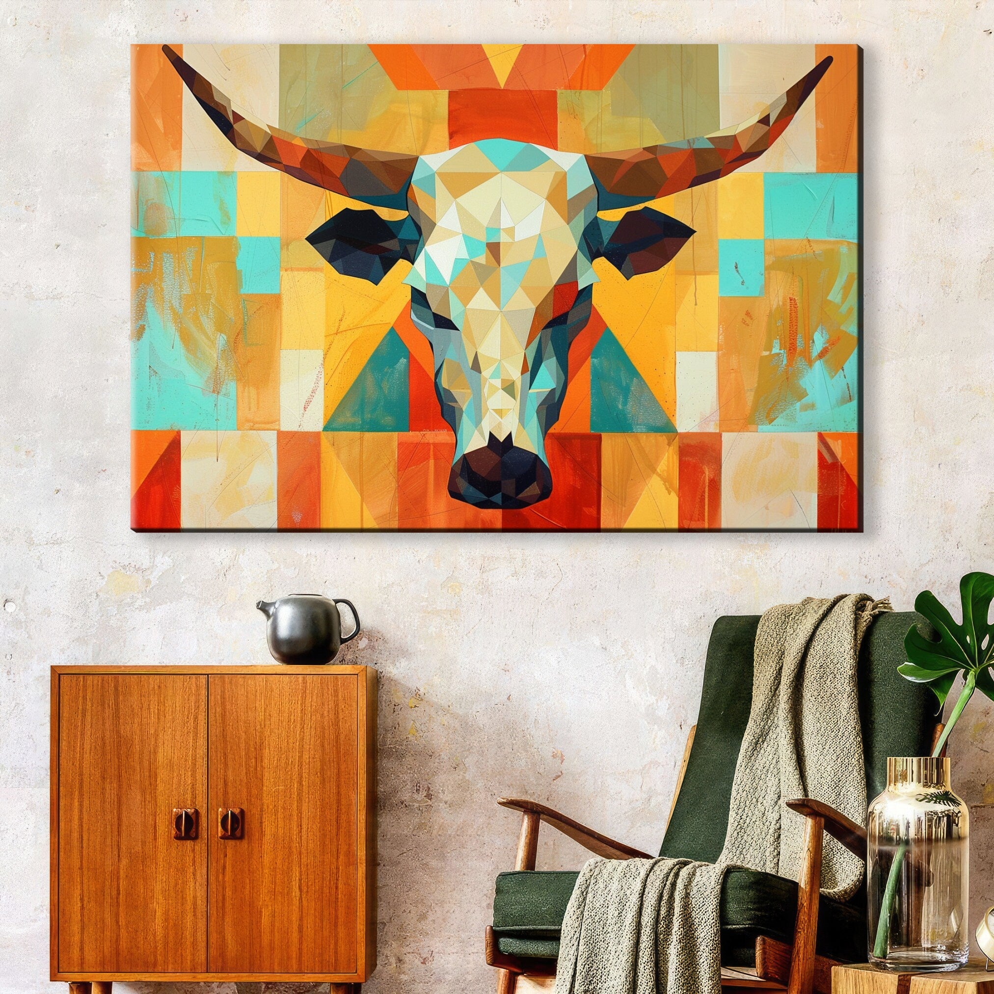 Mid Century Modern Wall Art – Cow Skull Canvas, Gallery Wrapped, Ready to Hang