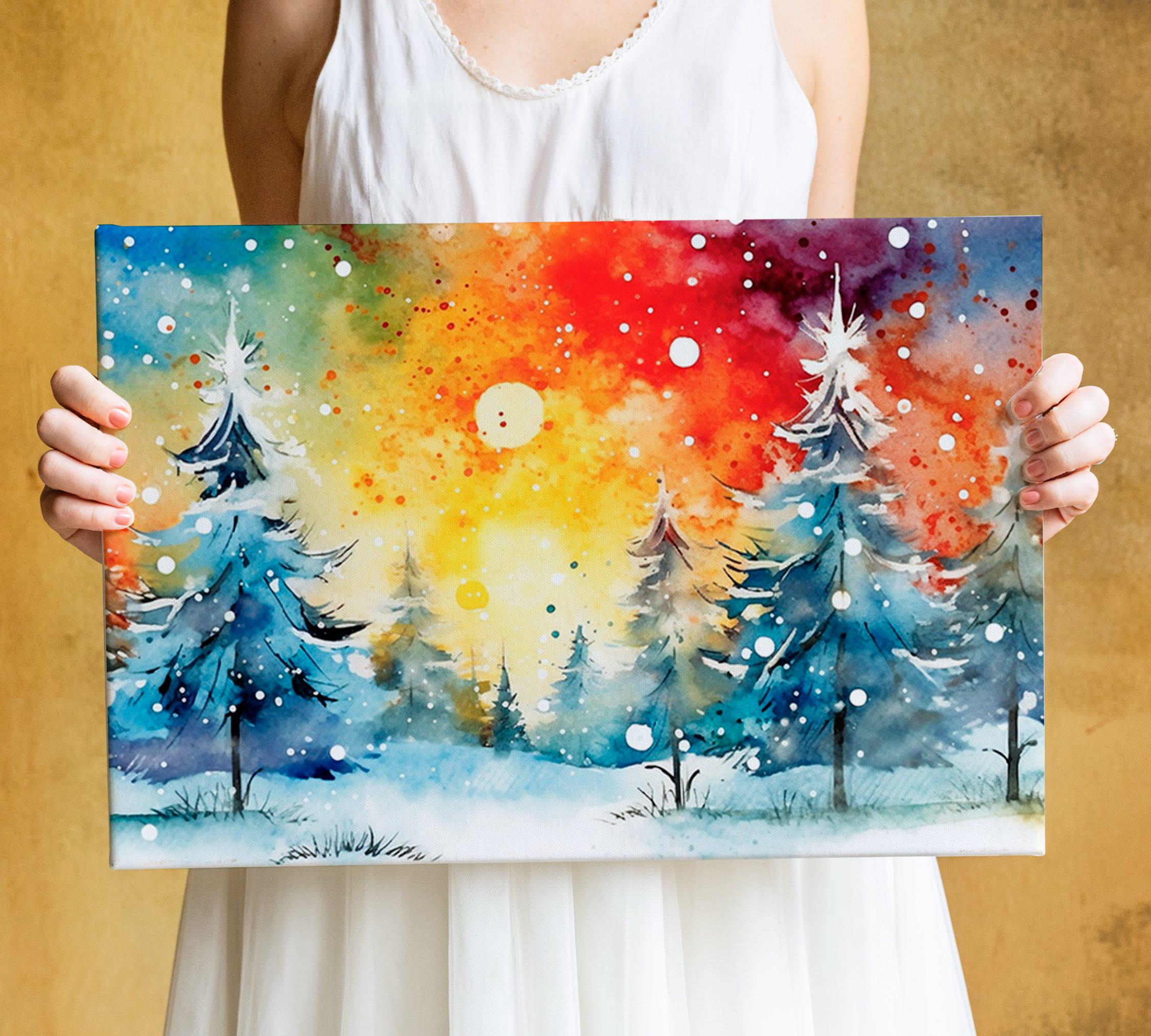 Colorful Winter Forest Watercolor - Christmas Art, Giclee Print on Canvas, Artist Paper, Watercolor Paper, Available in Extra Large Sizes