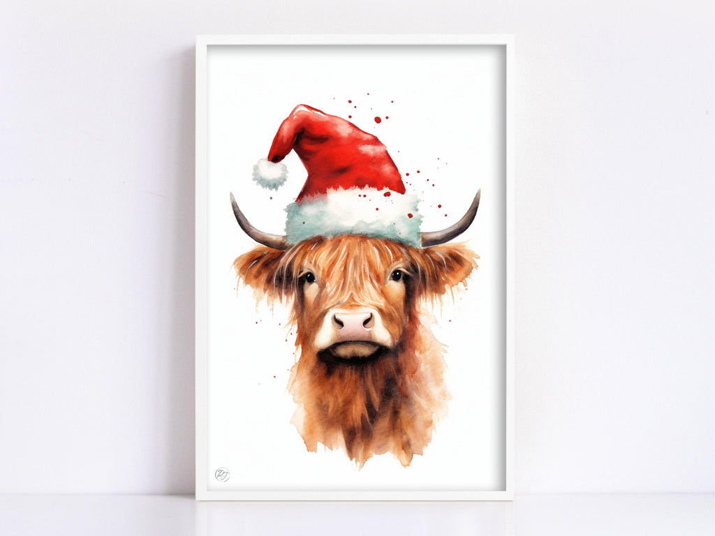 Cute Baby Highland Cow in Santa Hat Watercolor Art, Giclee Print on Canvas, Artist Paper, Watercolor Paper, Available in Extra Large Sizes