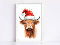 Cute Baby Highland Cow in Santa Hat Watercolor Art, Giclee Print on Canvas, Artist Paper, Watercolor Paper, Available in Extra Large Sizes