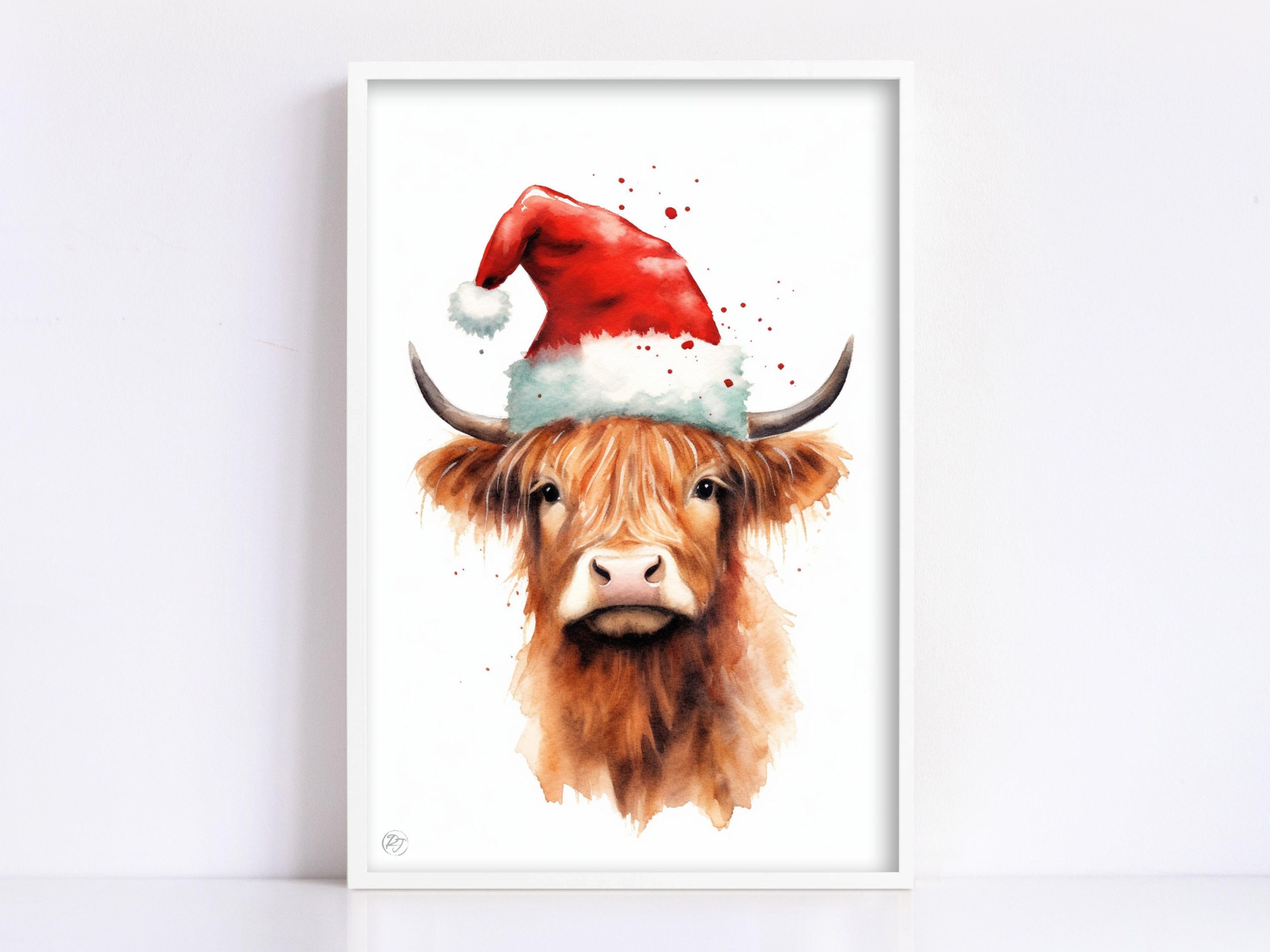 Cute Baby Highland Cow in Santa Hat Watercolor Art, Giclee Print on Canvas, Artist Paper, Watercolor Paper, Available in Extra Large Sizes