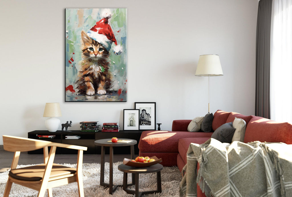 Santa Hat Kitten Painting - Festive Christmas Canvas Art | Gallery Wrapped Giclee Print