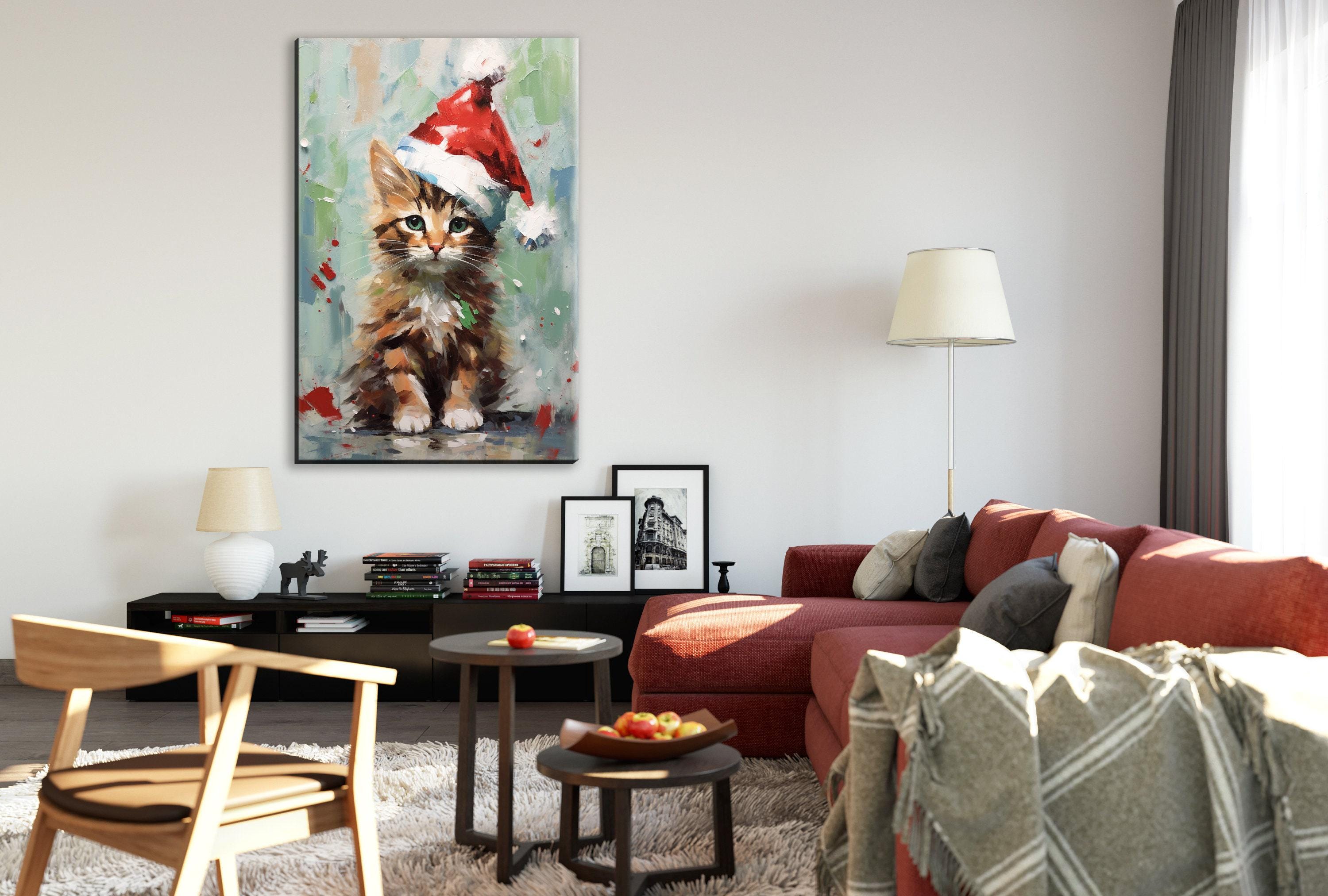 Santa Hat Kitten Painting - Festive Christmas Canvas Art | Gallery Wrapped Giclee Print