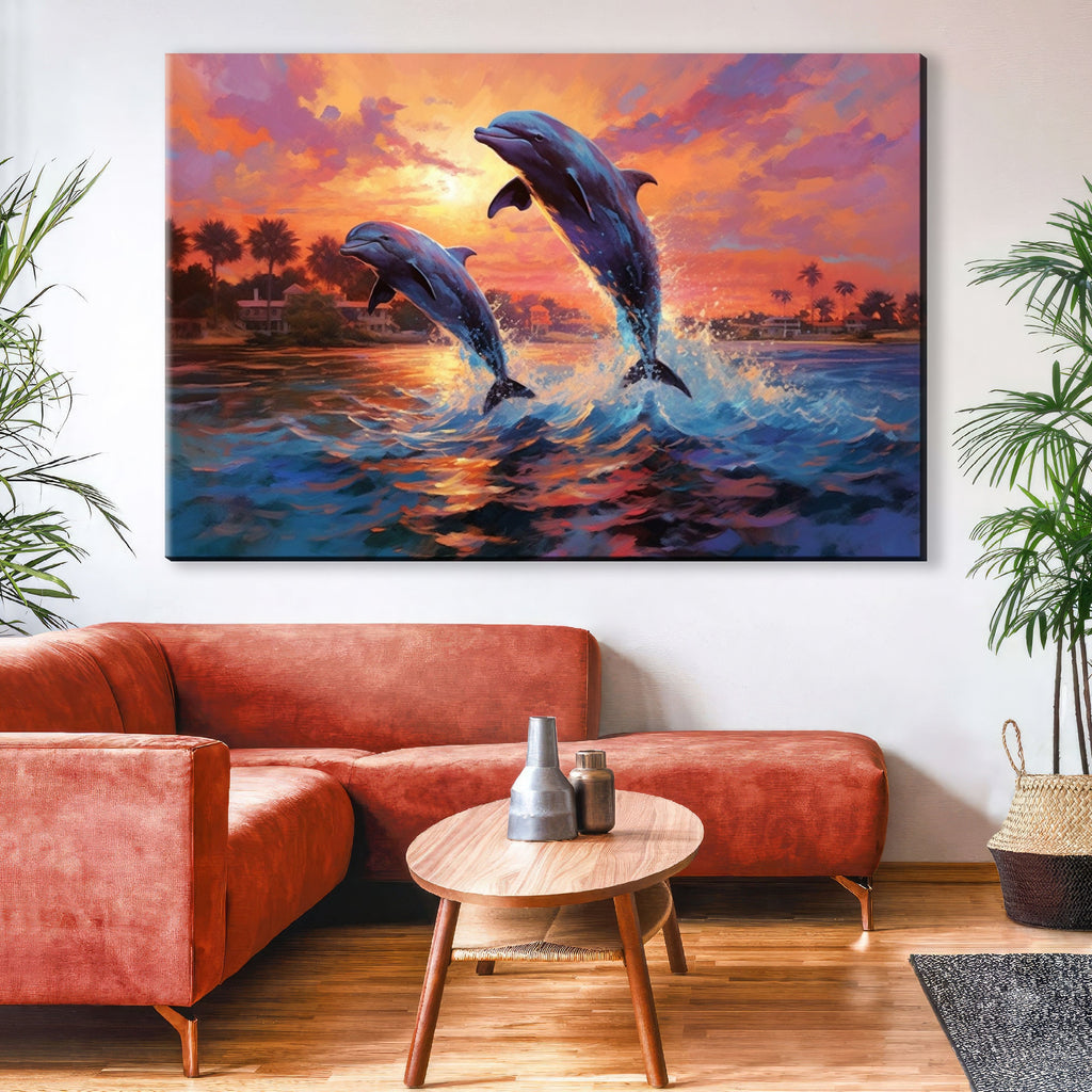 Dolphin Wall Art – Large Canvas Print of Dolphins Swimming, Marine Life Decor