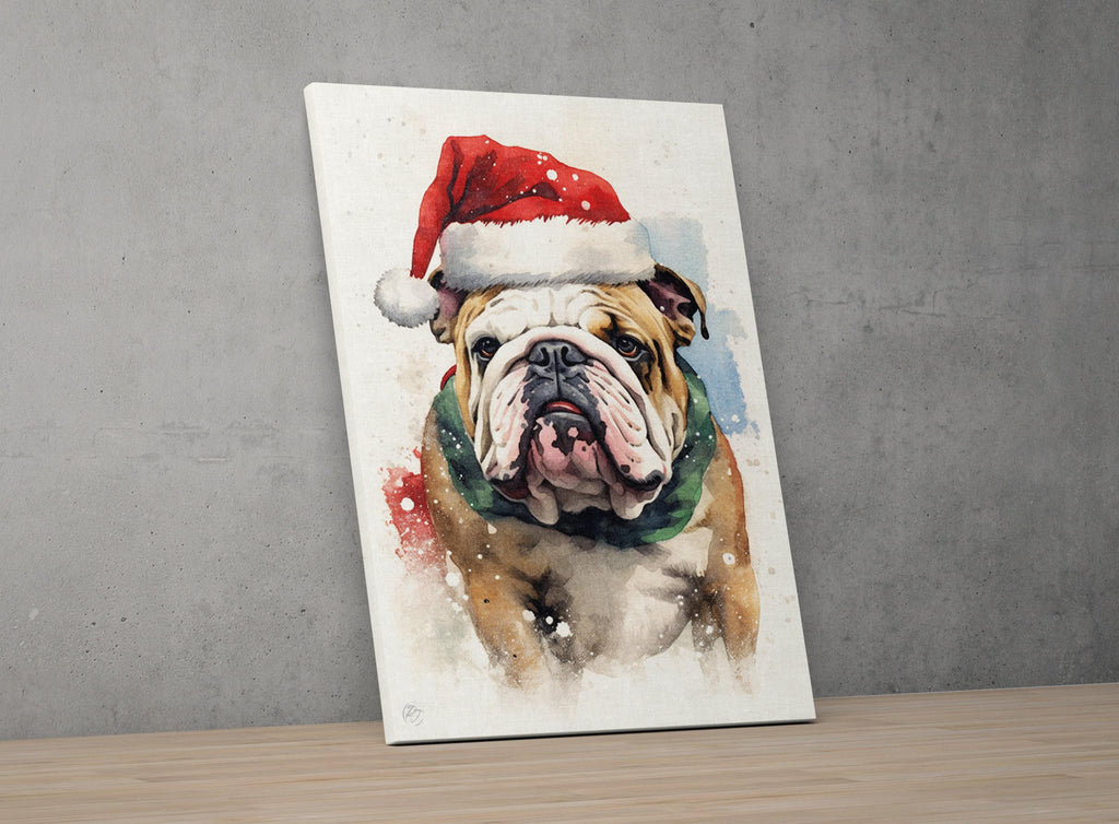 Festive English Bulldog in Santa Hat Watercolor Art, Giclee Print on Canvas, Artist Paper, Watercolor Paper, Available in Extra Large Sizes