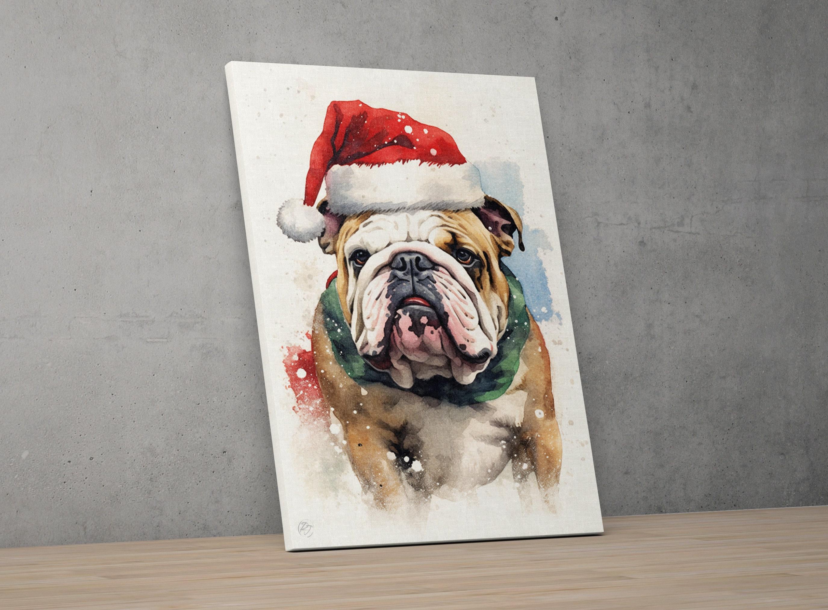 Festive English Bulldog in Santa Hat Watercolor Art, Giclee Print on Canvas, Artist Paper, Watercolor Paper, Available in Extra Large Sizes