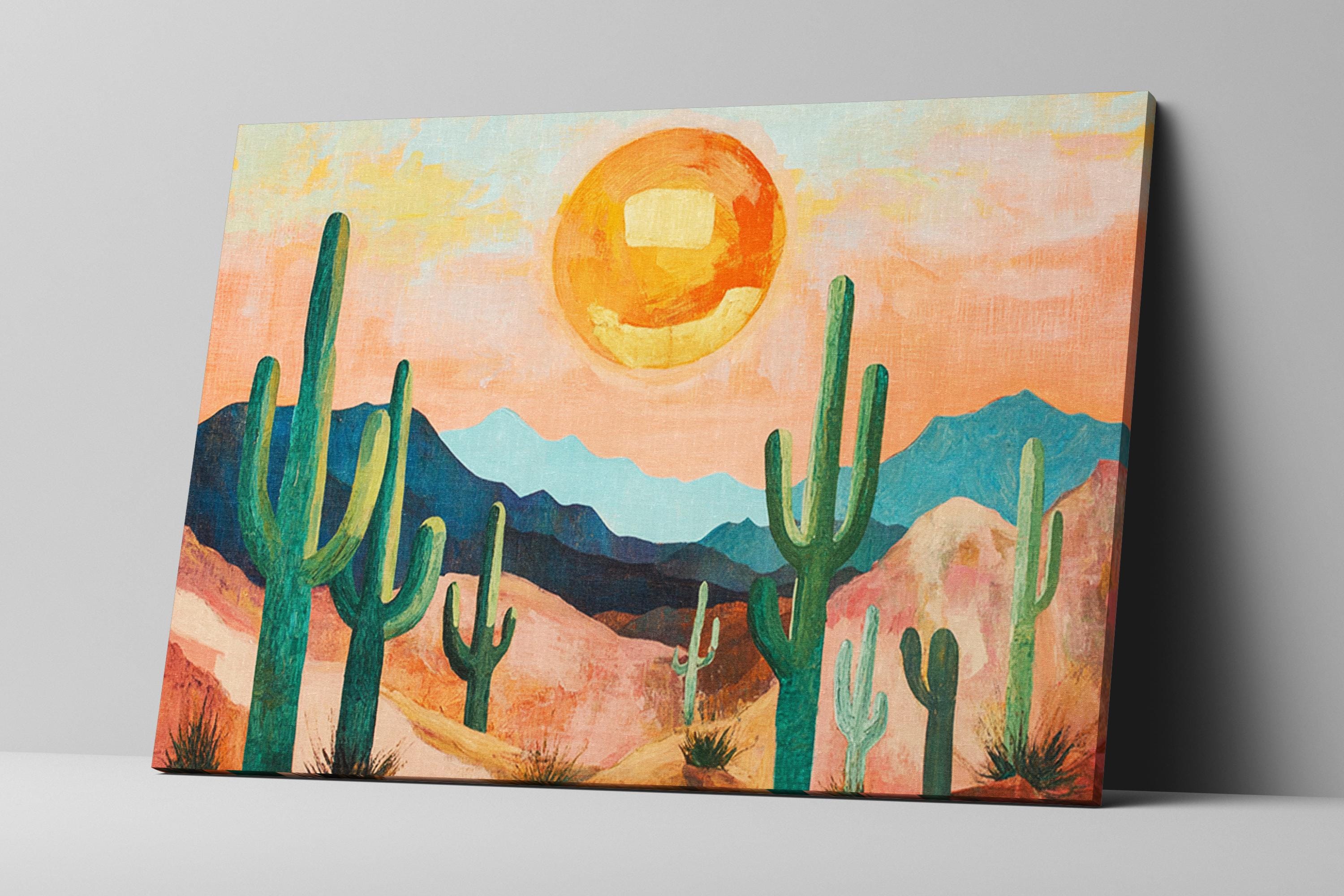 a painting of a desert scene with cactus trees