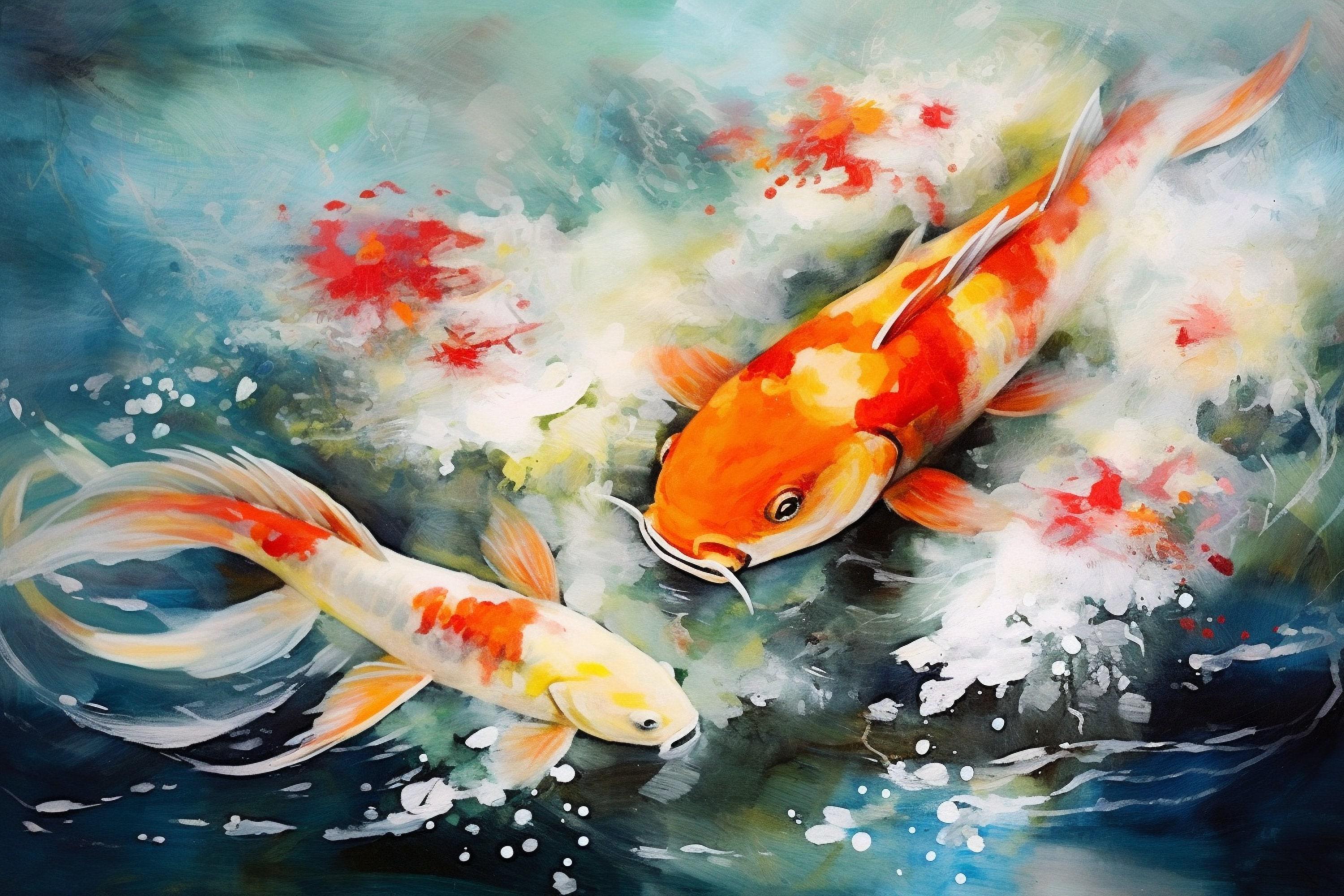 Japanese Koi Watercolor Art for Walls, Giclee Print on Canvas, Artist Paper, Watercolor Paper, Available in Extra Large Sizes