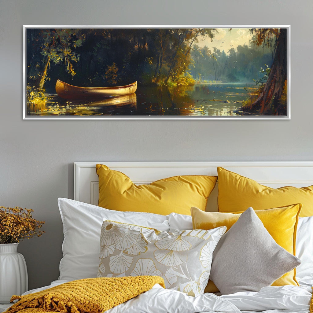 a bed with a white headboard and yellow pillows