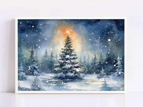 Beautiful Christmas Tree Winter Scene - Watercolor Painting, Print on Canvas, Artist Paper, Watercolor Paper, Available in Extra Large Sizes