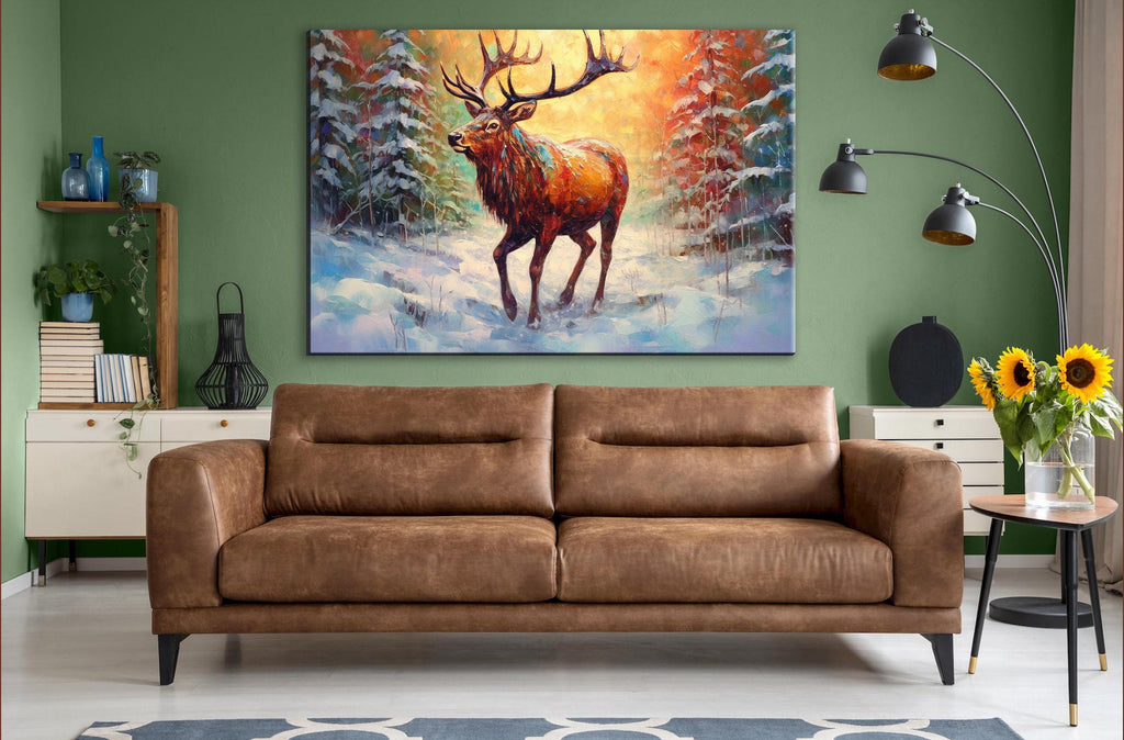 Reindeer Wall Art - Rustic Christmas Canvas Art | Extra Large Gallery Wrapped Holiday Decor