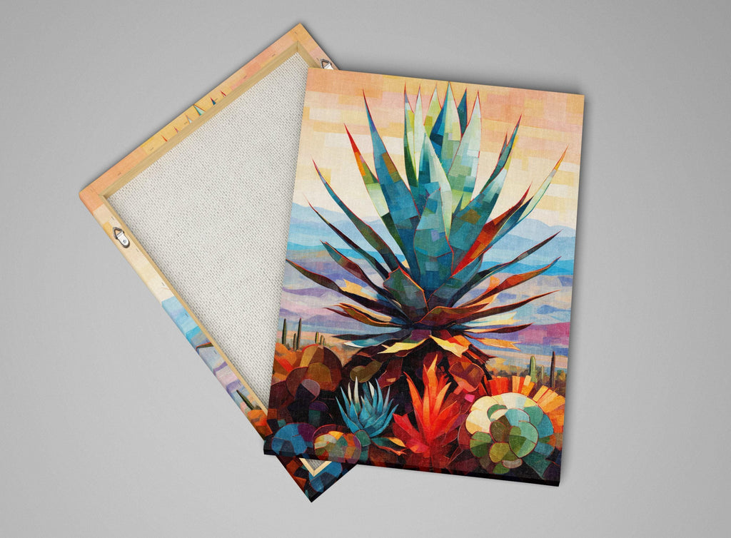a vibrant, colorful painting of a cactus plant with a geometric, abstract style.