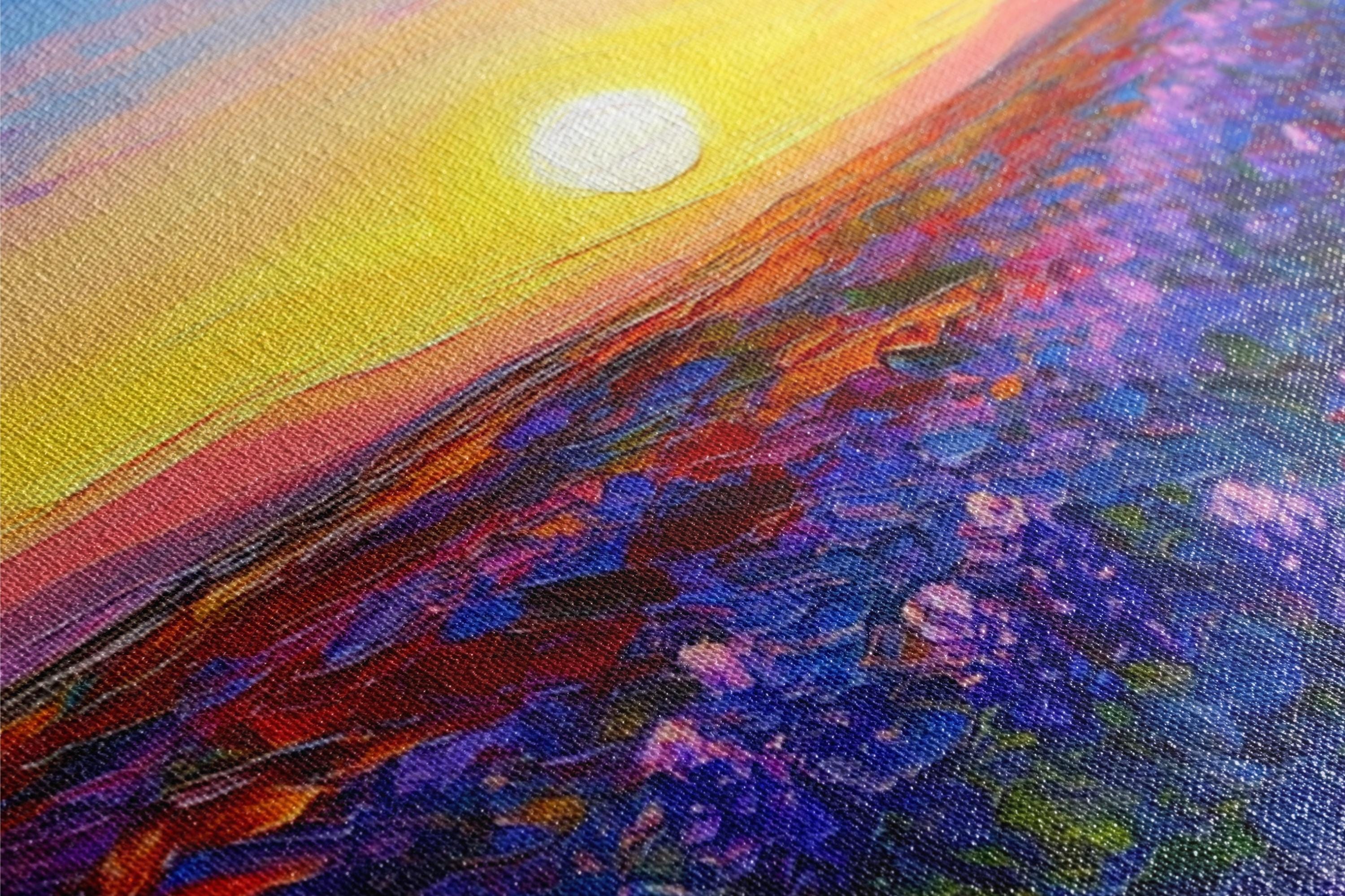 a painting of a sunset over a field of flowers