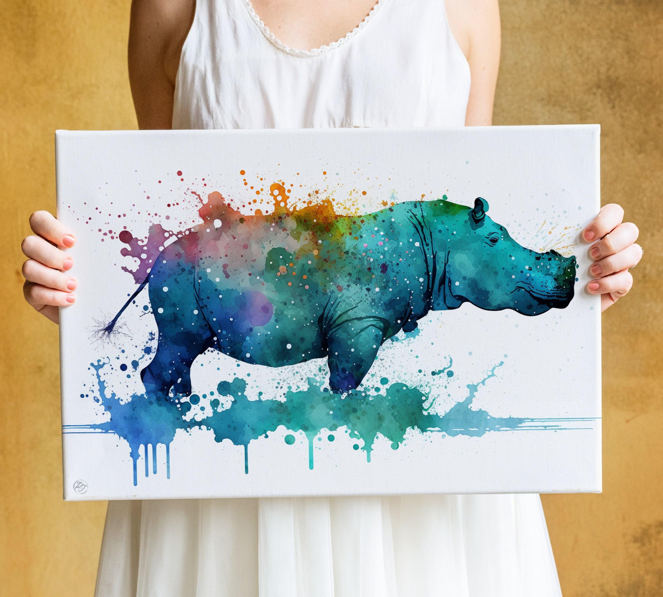 Riverbank Royalty: Watercolor Hippo Wall Decor Print, Giclee Print on Canvas, Artist Paper, Watercolor Paper, Available in Extra Large Sizes