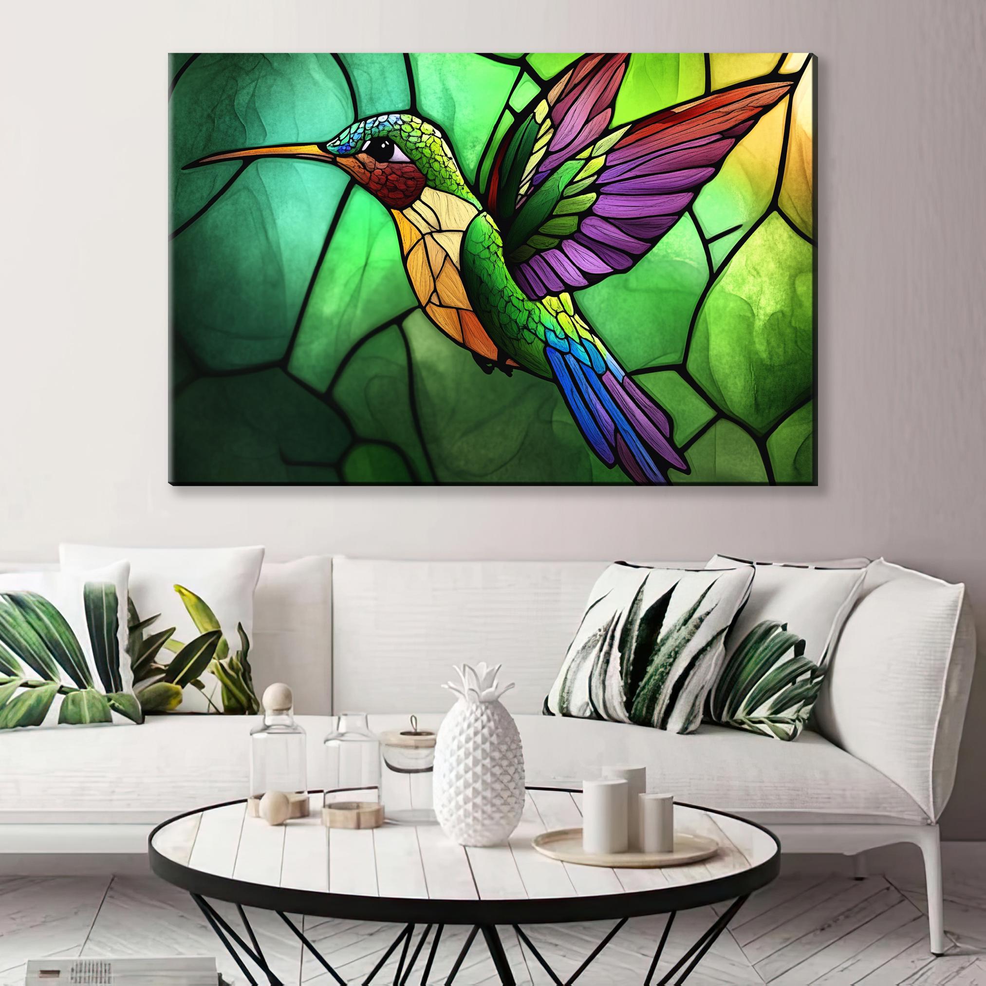 a living room with a couch and a painting on the wall