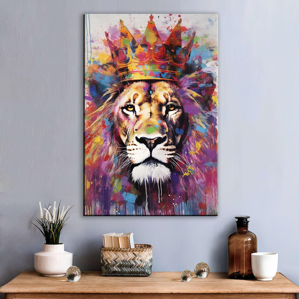 Lion Canvas Art – Large Watercolor Lion with Crown | Majestic Wildlife Wall Decor
