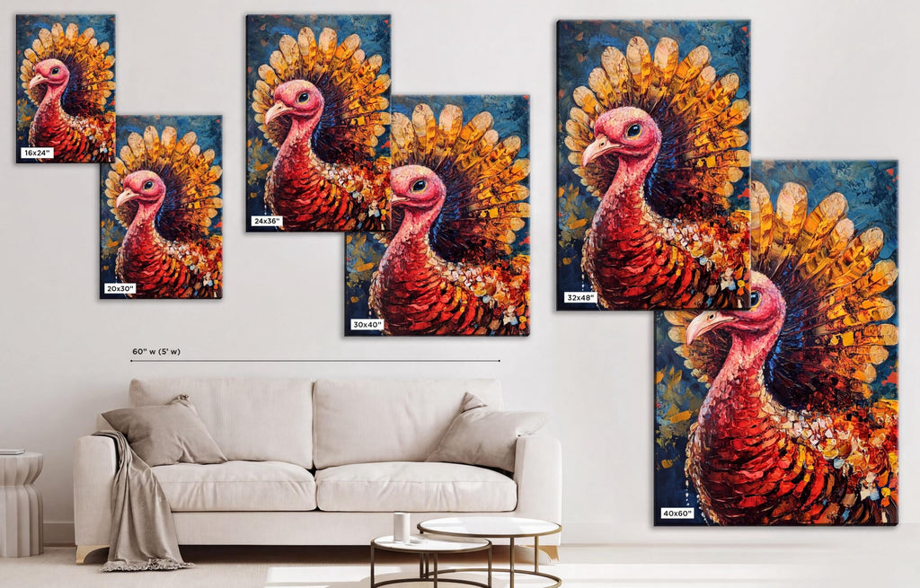 The image is a collage of multiple images featuring a large, colorful turkey. The collage includes several close-up shots of the turkey's head and body, as well as a larger, more detailed image of the turkey's head and body. The collage is displayed on a wall, with a white couch and a coffee table in the foreground.