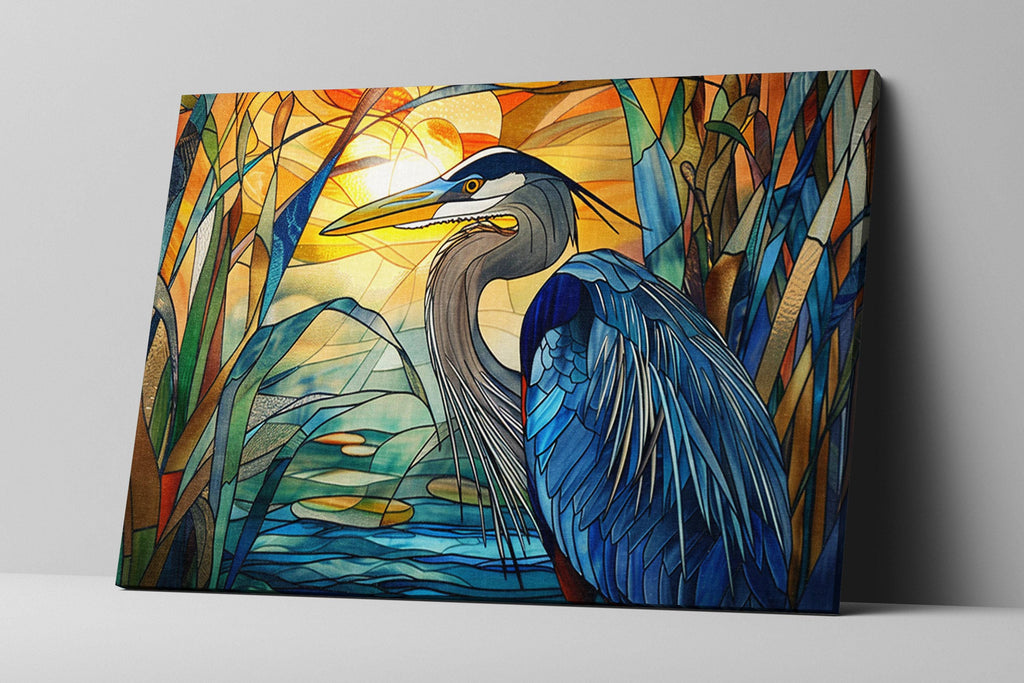 Blue Heron Canvas | Stained Glass Style Large Canvas Art - Coastal Bird Wall Decor