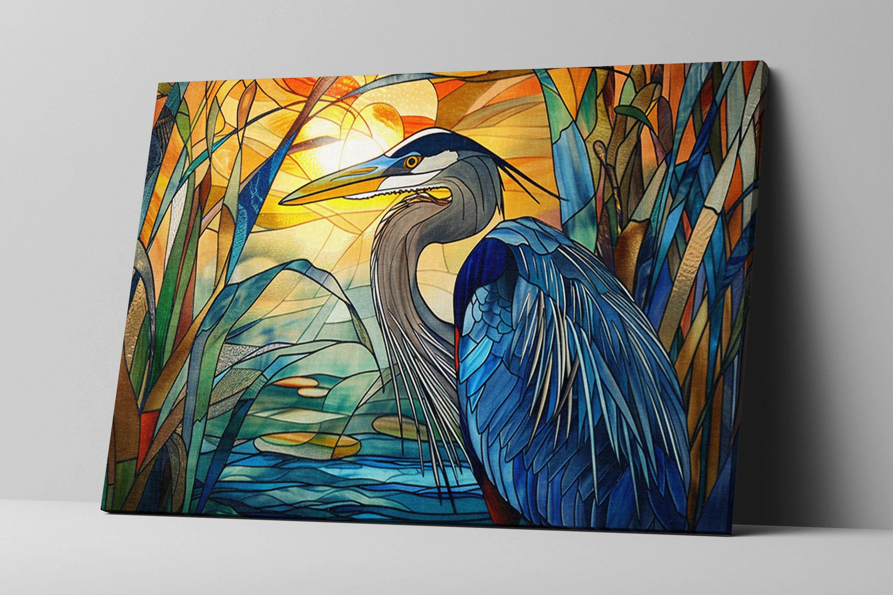 Blue Heron Canvas | Stained Glass Style Large Canvas Art - Coastal Bird Wall Decor