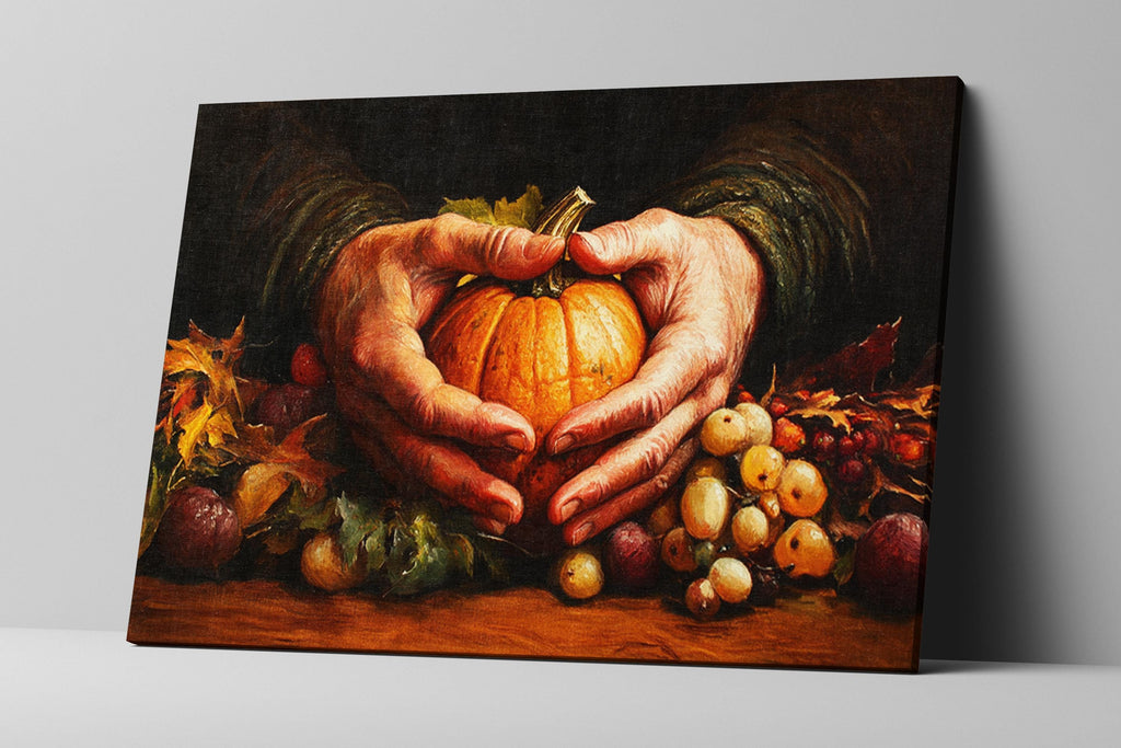 A painting of a pair of hands holding a pumpkin, surrounded by various fruits and autumn leaves.