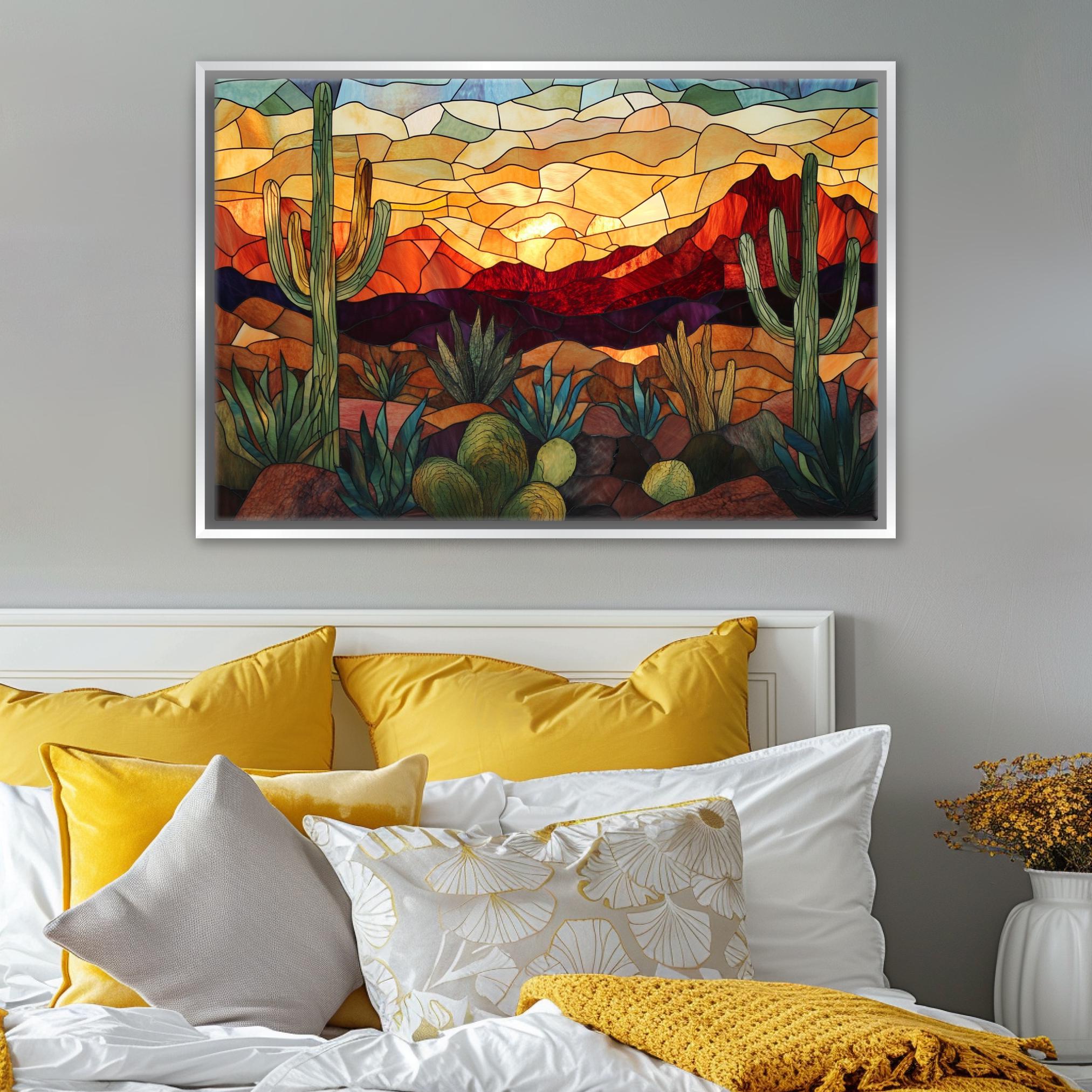 a bed with a yellow comforter and a painting on the wall