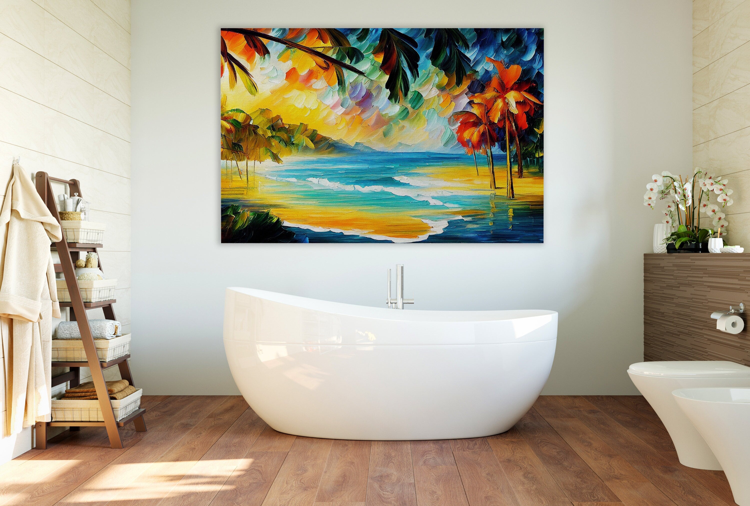 Tropical Beach Canvas – Vibrant Ocean Artwork on Wooden Frame, UV Coated Print