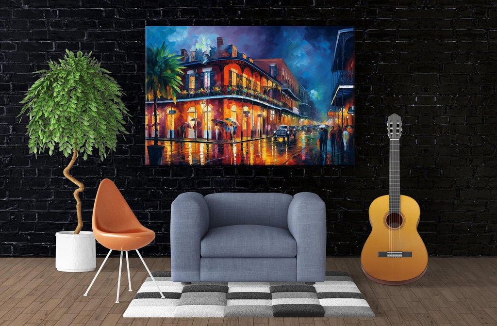a modern living room with a large painting of a colorful city street scene hanging on the wall. The painting is the focal point of the room, with a gray armchair and a wooden guitar placed in front of it. The room also includes a potted plant and a rug, creating a cozy and inviting atmosphere.