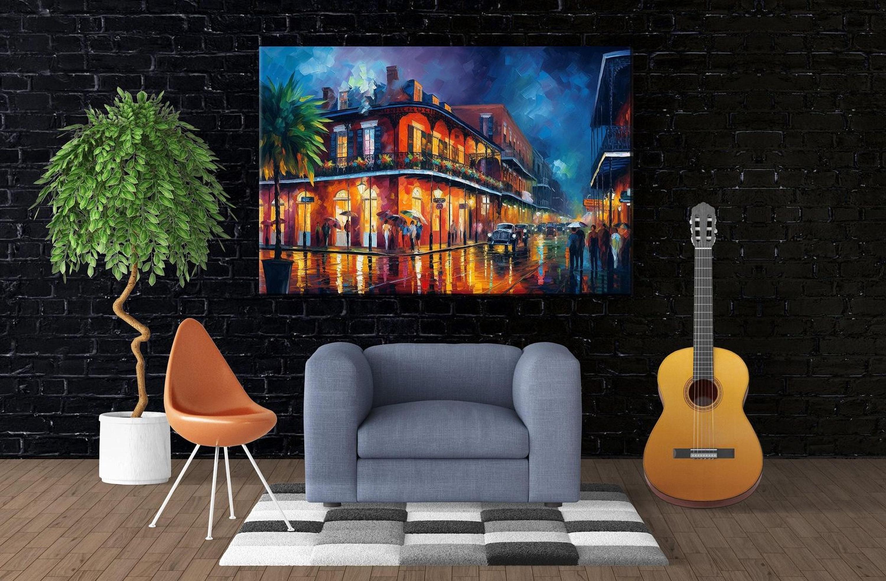 a modern living room with a large painting of a colorful city street scene hanging on the wall. The painting is the focal point of the room, with a gray armchair and a wooden guitar placed in front of it. The room also includes a potted plant and a rug, creating a cozy and inviting atmosphere.