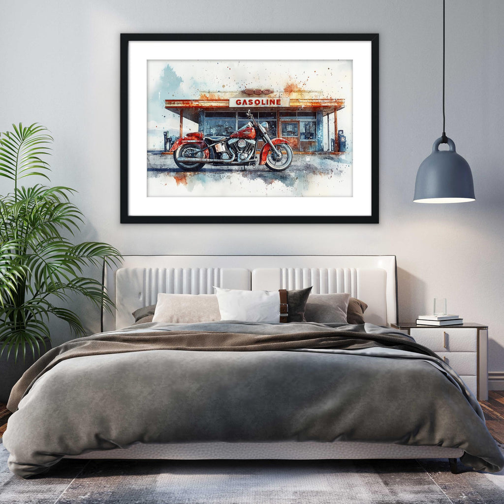 a bedroom with a large bed, a framed painting of a gas station with a motorcycle, and a potted plant.