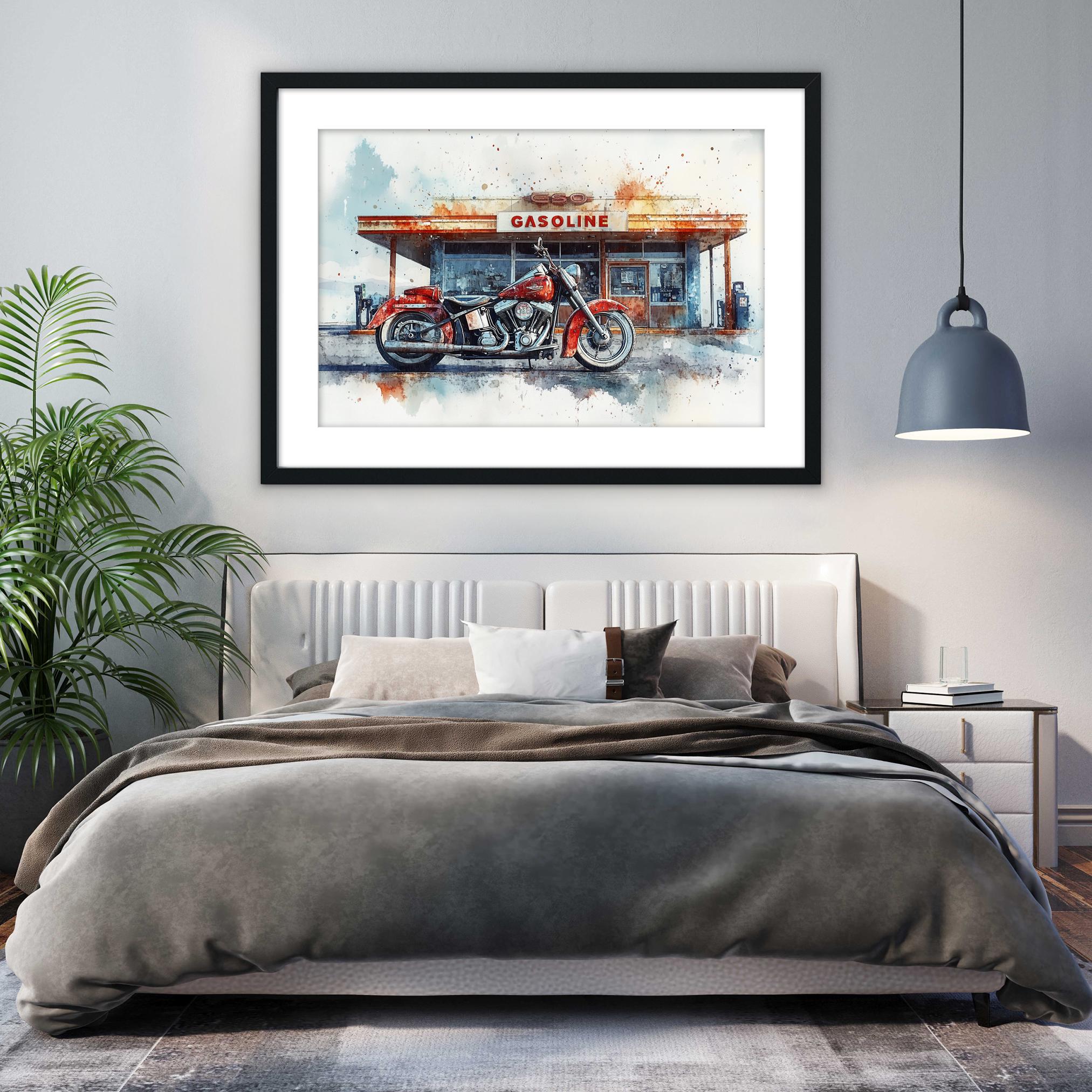 a bedroom with a large bed, a framed painting of a gas station with a motorcycle, and a potted plant.