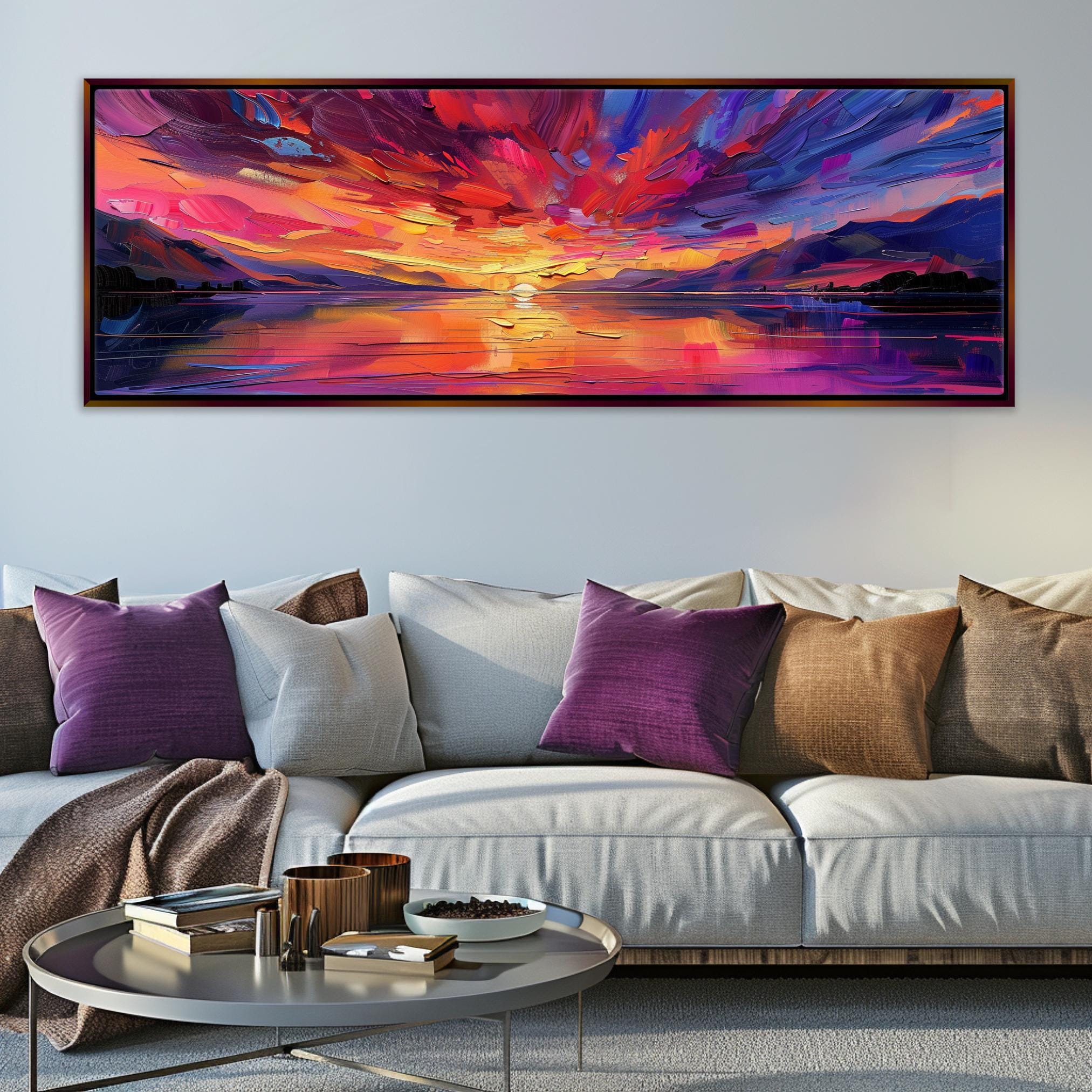 Panoramic Ocean Sunset Canvas - Oversized Framed Wall Art, Pink Purple Sunset