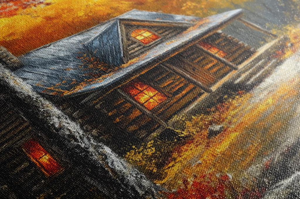 a rustic log cabin with a blue roof and warm orange and yellow hues, set against a backdrop of autumnal foliage.