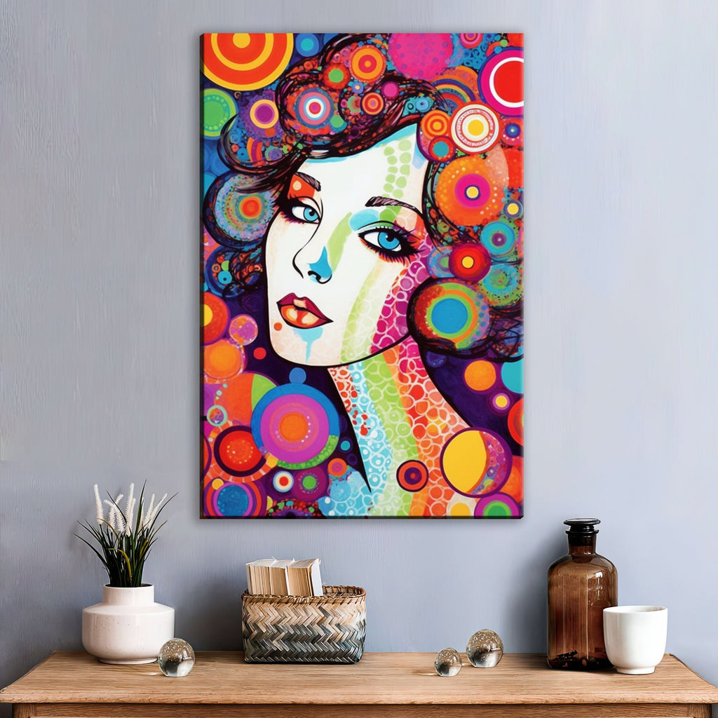 Retro Glam Canvas Art - Large Feminine Beauty Painting | Expressive Woman Face Pop Art